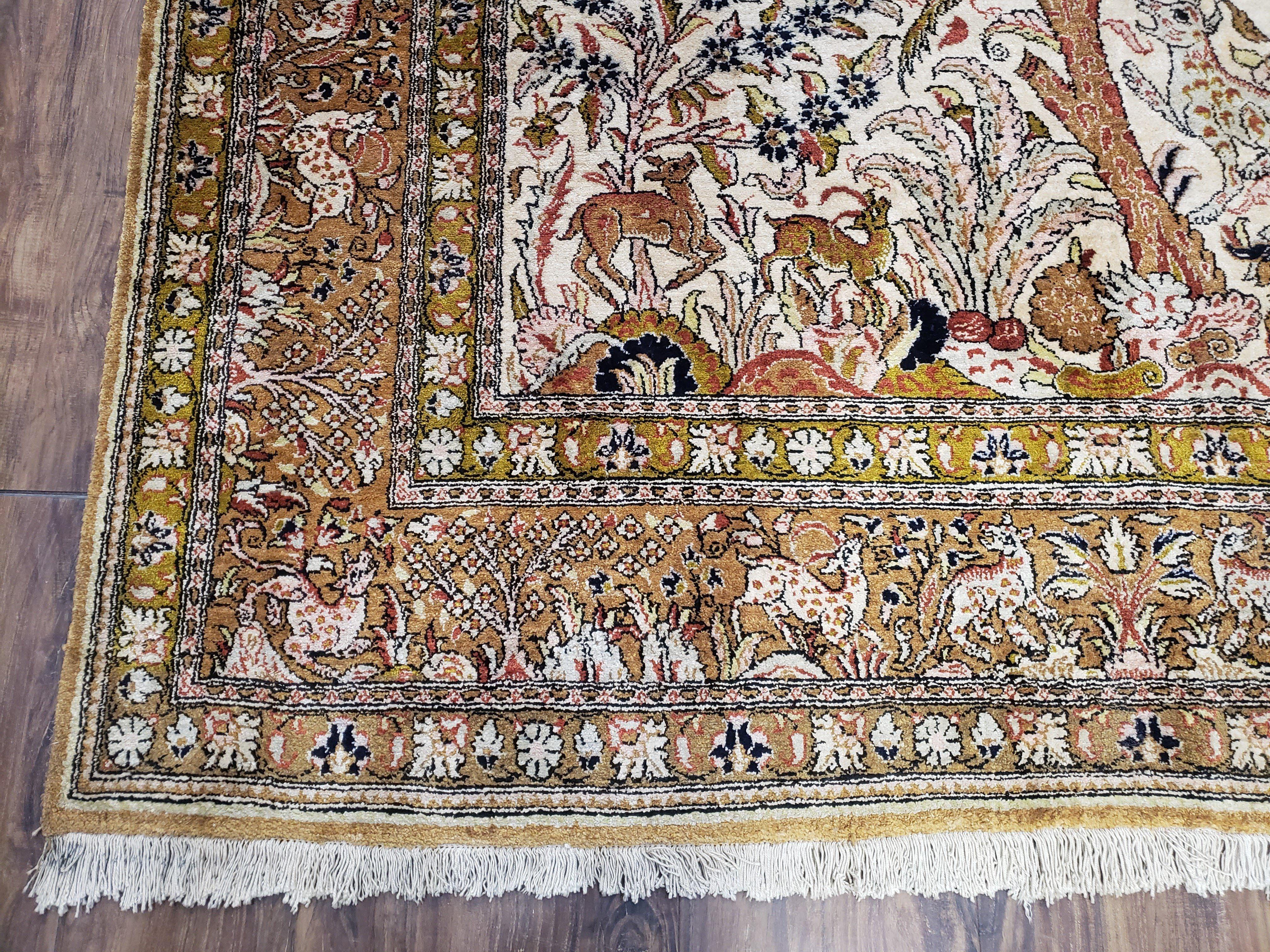 Persian Qum Silk Rug 5x7, Tree of Life Persian Silk Carpet with Animal Pictorials, Birds Deer, Hand Knotted 1950s Fine Rug Cream Gold - Jewel Rugs