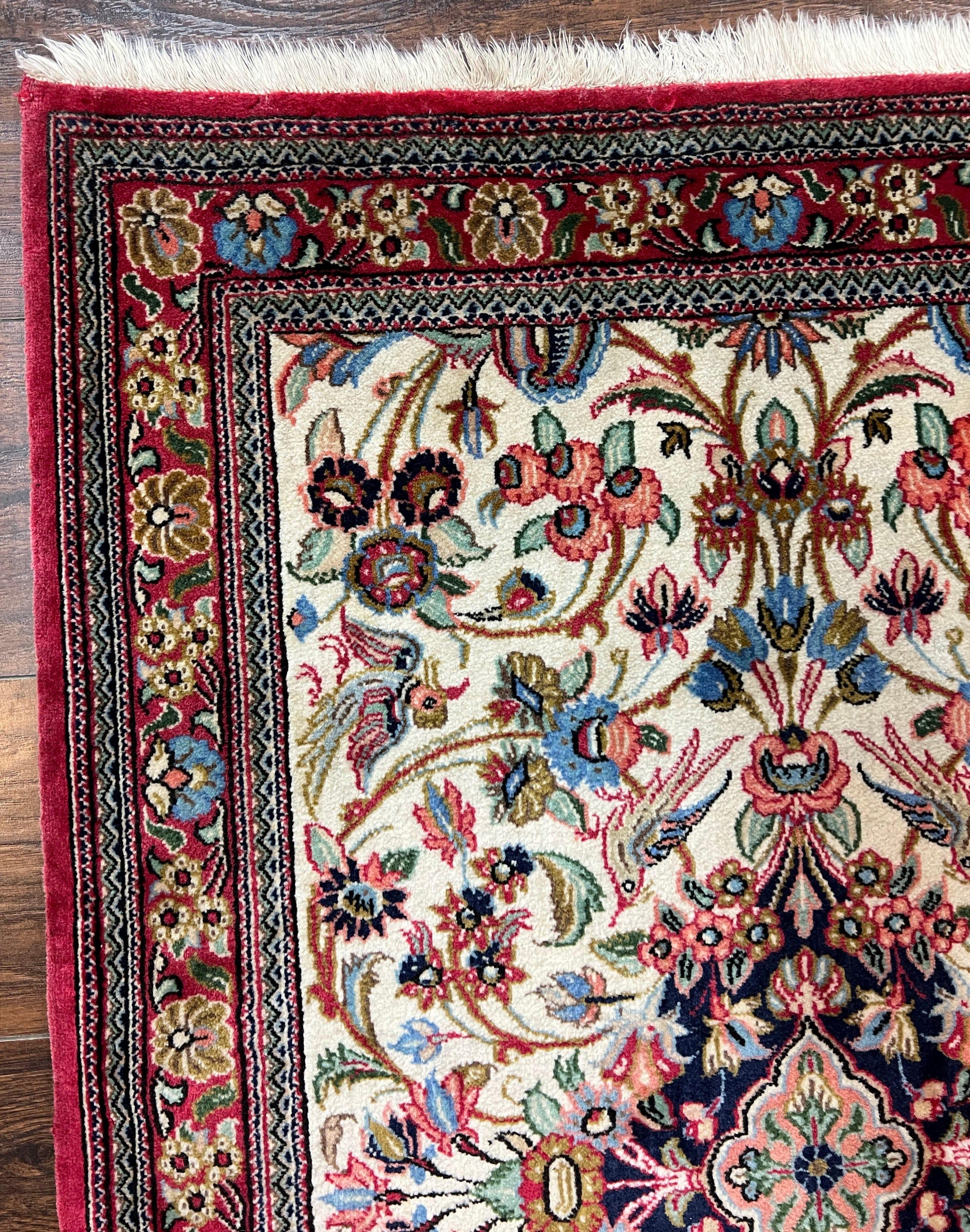Wonderful Persian Qum Runner Rug 2.8 x 10 ft, Floral Medallions with Bird Motifs, Hand Knotted Wool Fine Oriental 10ft Hallway Runner, Cream Red - Jewel Rugs