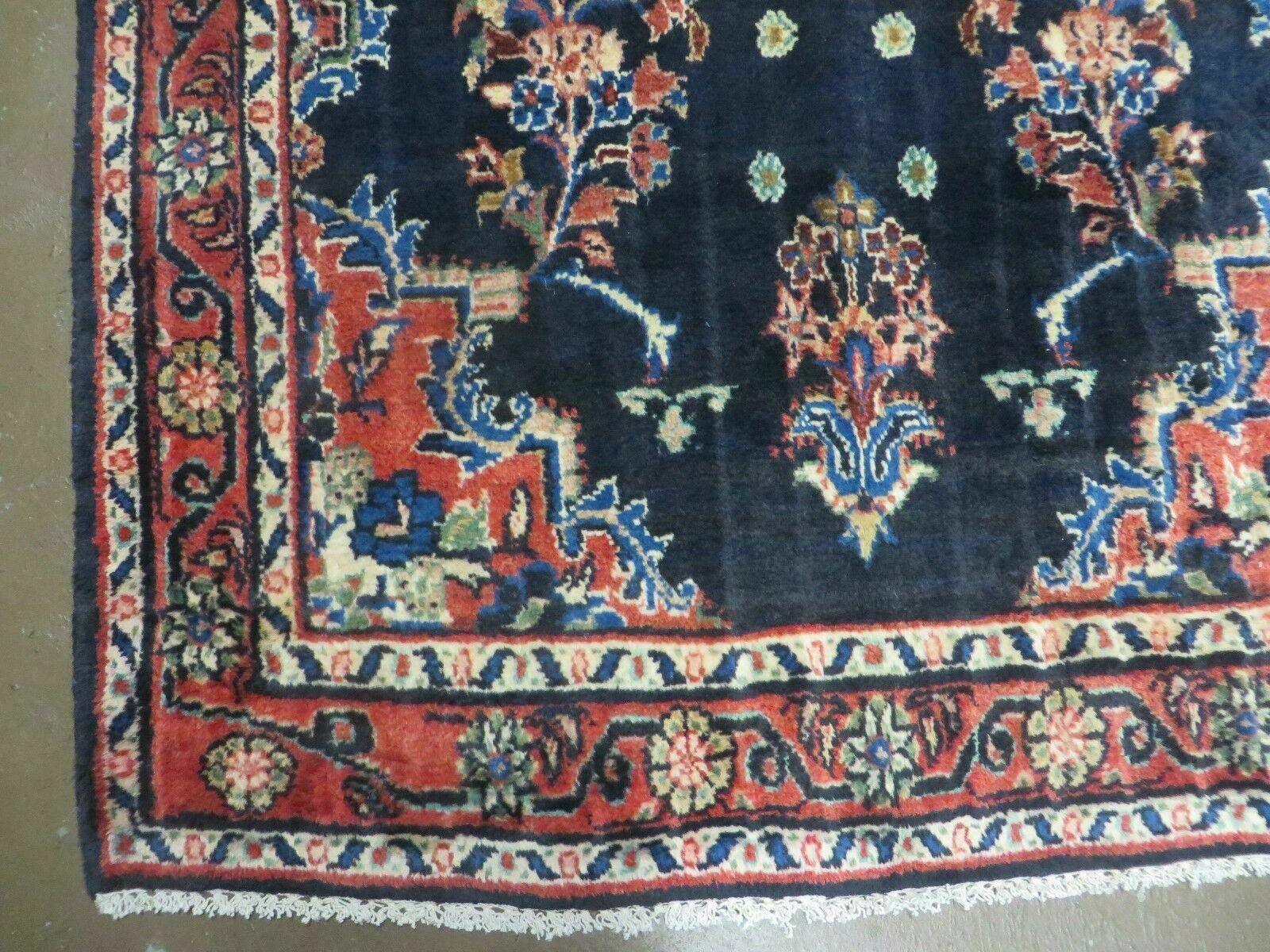 Persian Runner Rug 3.7 x 10.9, Antique Persian Lilihan Lilian Sarouk Wool Handmade Oriental Tribal Hallway Runner, Navy Blue Red Cream, Floral Semi Open Field Medallion - Jewel Rugs