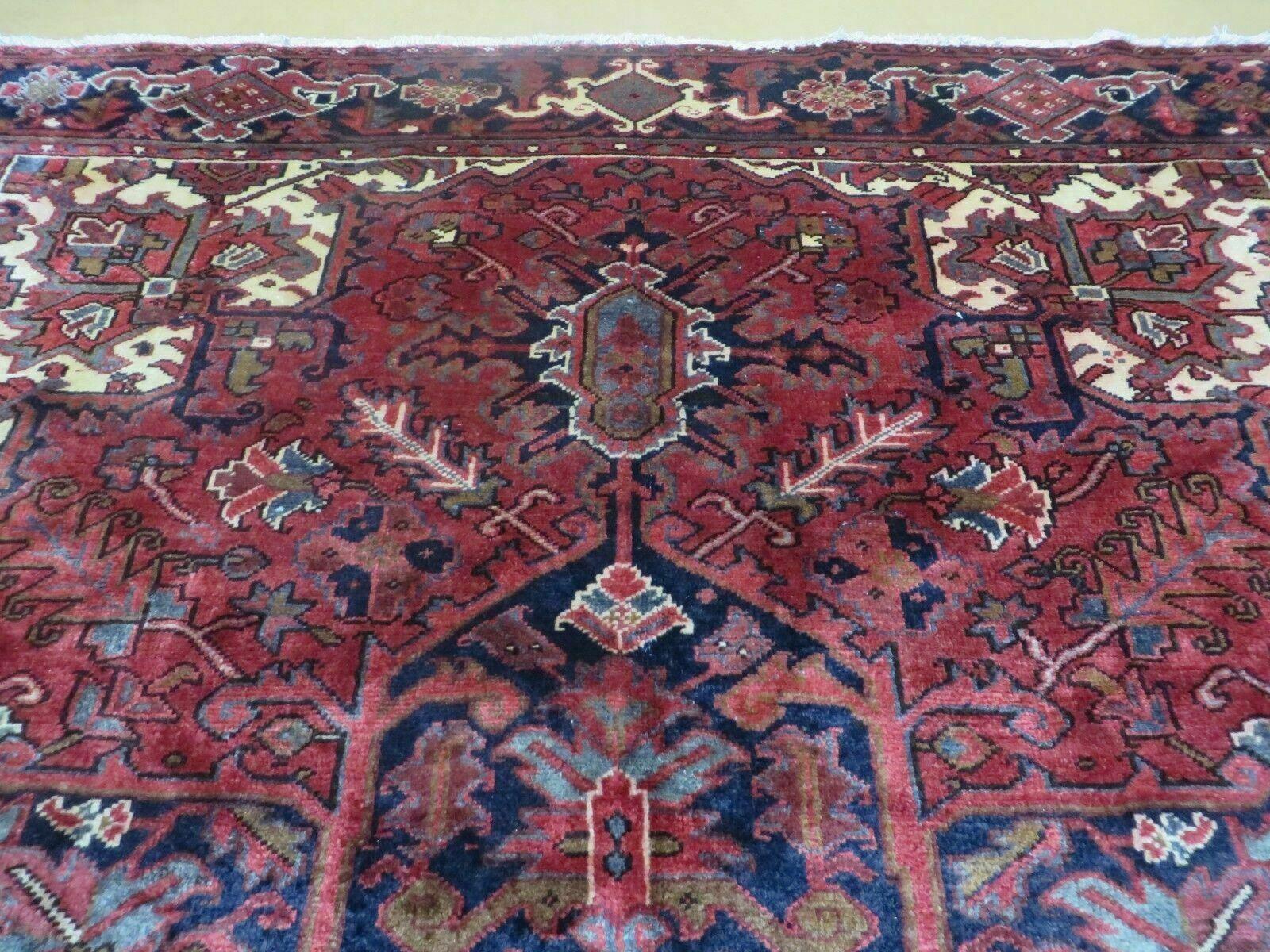 Persian Rug 8x11 Room Sized Heriz Carpet, Hand Knotted Wool Rug, Vintage Semi Antique, Geometric Medallion, Wine Red Cream Dark Blue, Wow - Jewel Rugs