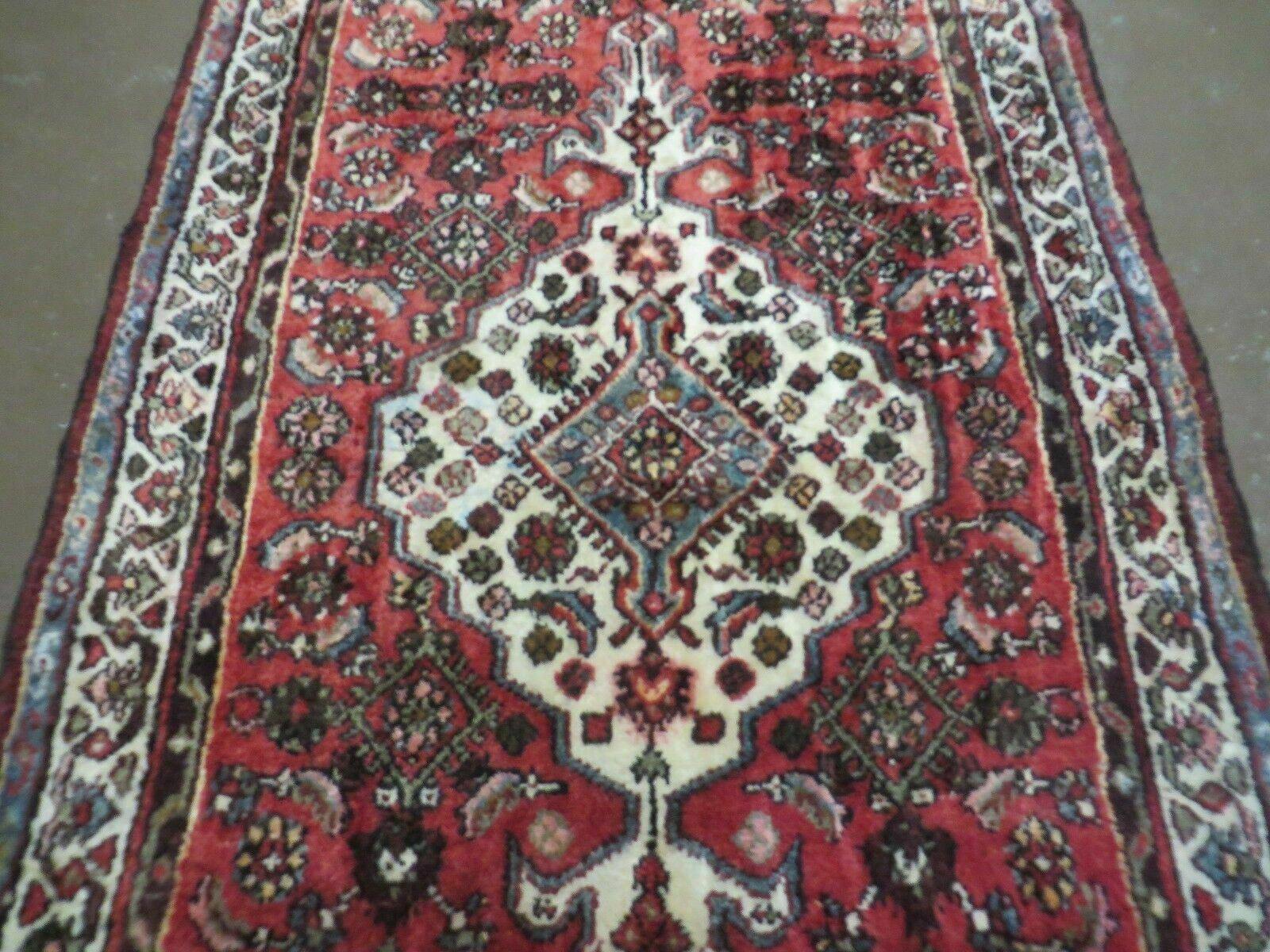 Persian Runner Rug, Antique Hamadan Runner, Wool Tribal Runner, Handmade Oriental Rug, Medallion Allover, Red & Cream, 3.4 x 9.5, 9ft Vintage Runner - Jewel Rugs
