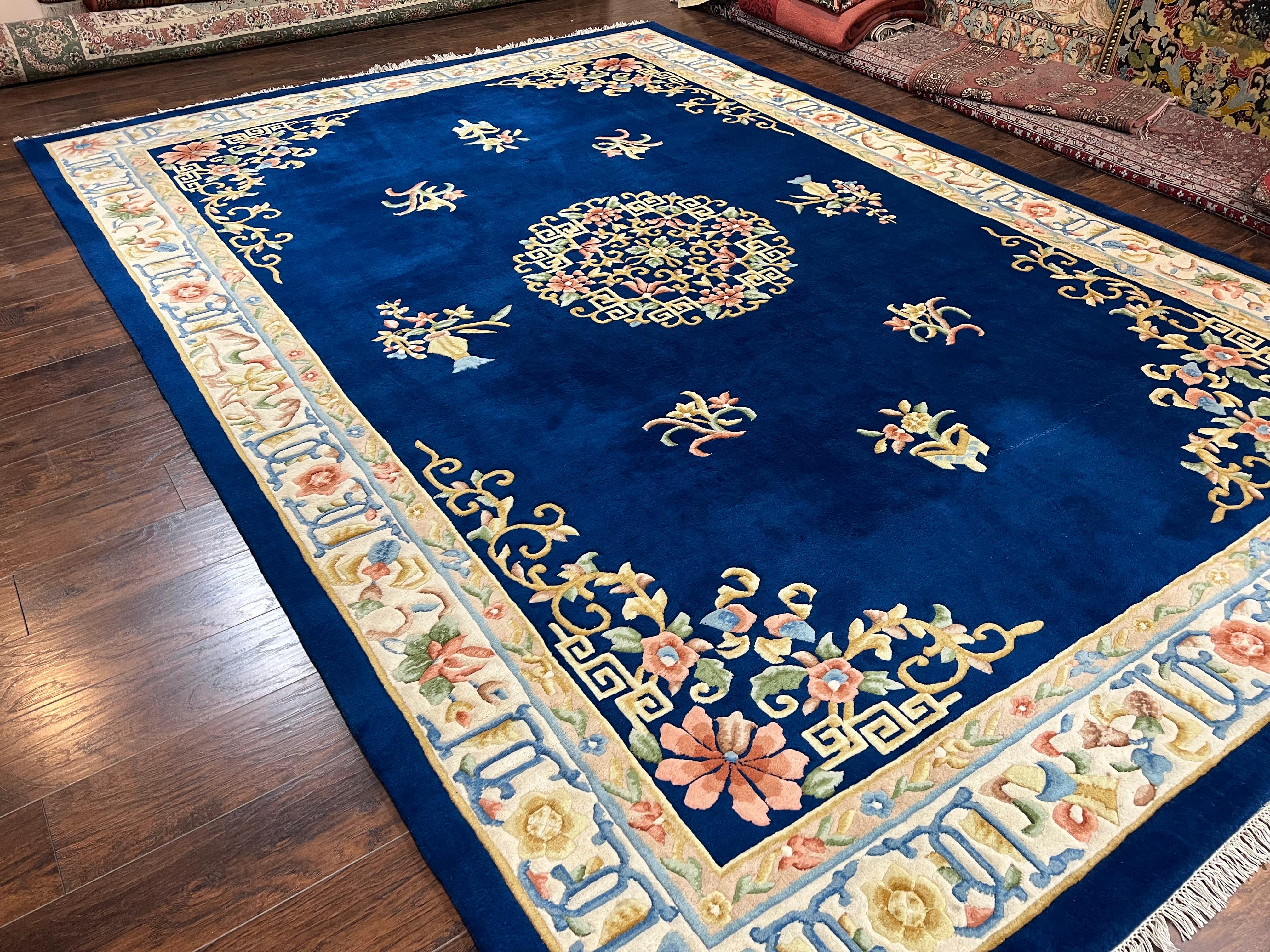 Indo Chinese Wool Rug 10x14, Navy Blue and Beige Hand Knotted Large Asian Oriental Carpet 10 x 14, Handmade Art Deco Vintage Floral Rug - Jewel Rugs