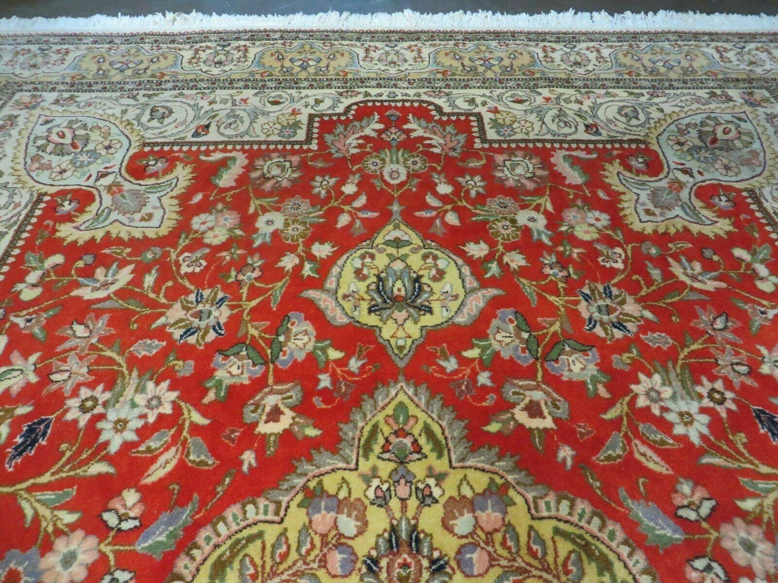 Vintage Persian Tabriz Rug 9x12, Tabatabaie Rug 9x12 Carpet, Handmade Hand Knotted Wool Area Rug, Tomato Red Beige, Medallion Rug, Floral - Jewel Rugs