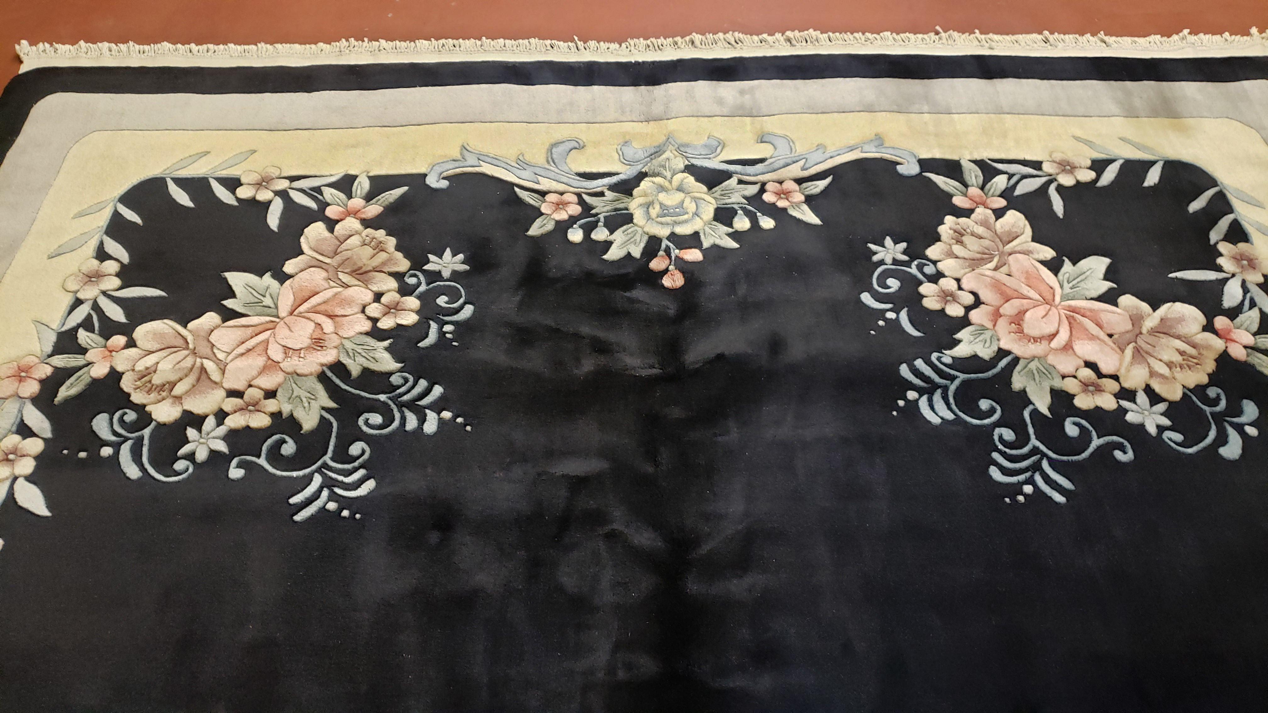 7' 9" x 8' 9" Black Chinese Rug Plush Pile Almost Square 8x9 Vintage Rug Wool Flower 120 Line Simple Traditional Chinese Carpet Minimalistic - Jewel Rugs