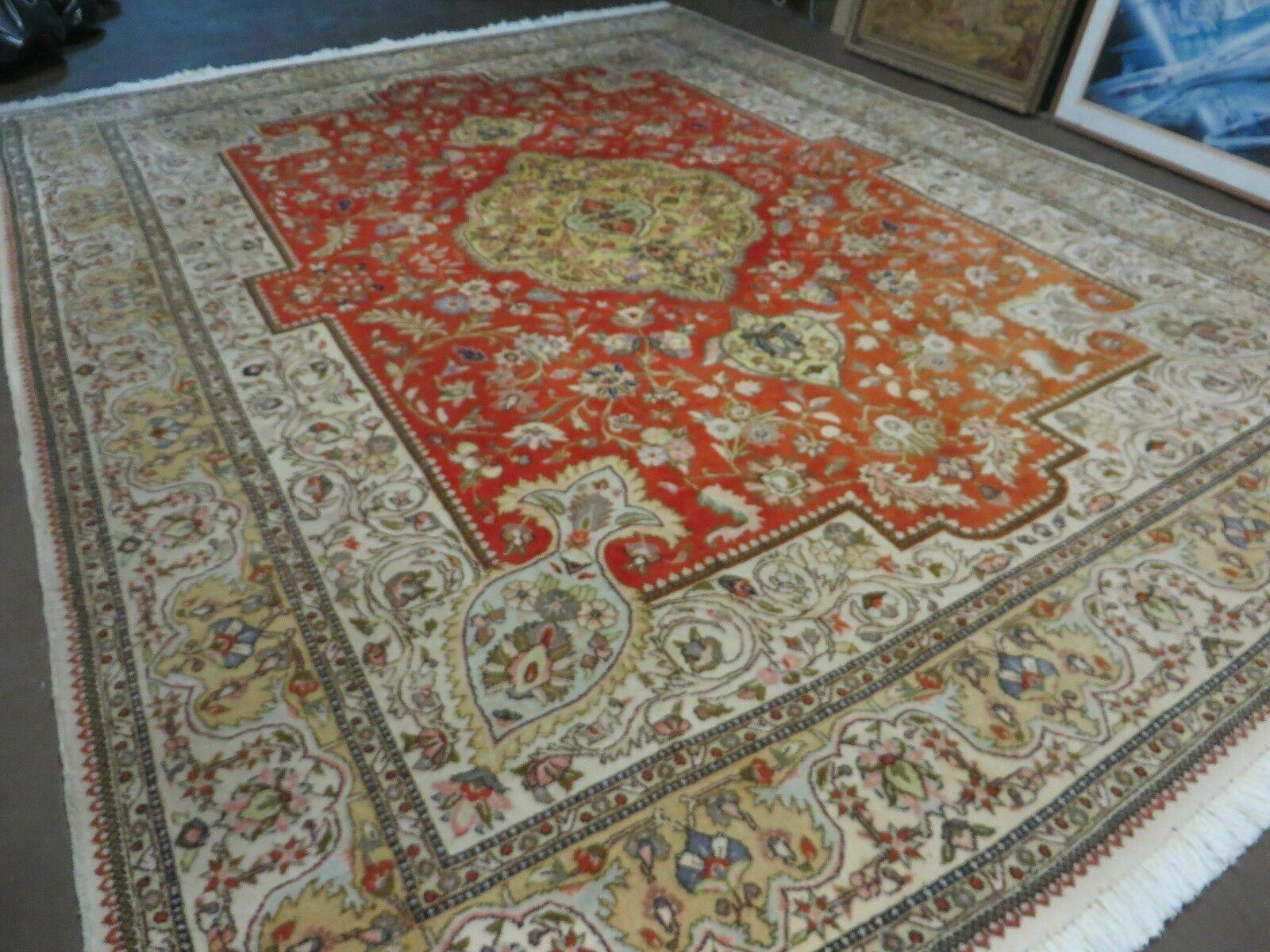 Vintage Persian Tabriz Rug 9x12, Tabatabaie Rug 9x12 Carpet, Handmade Hand Knotted Wool Area Rug, Tomato Red Beige, Medallion Rug, Floral - Jewel Rugs