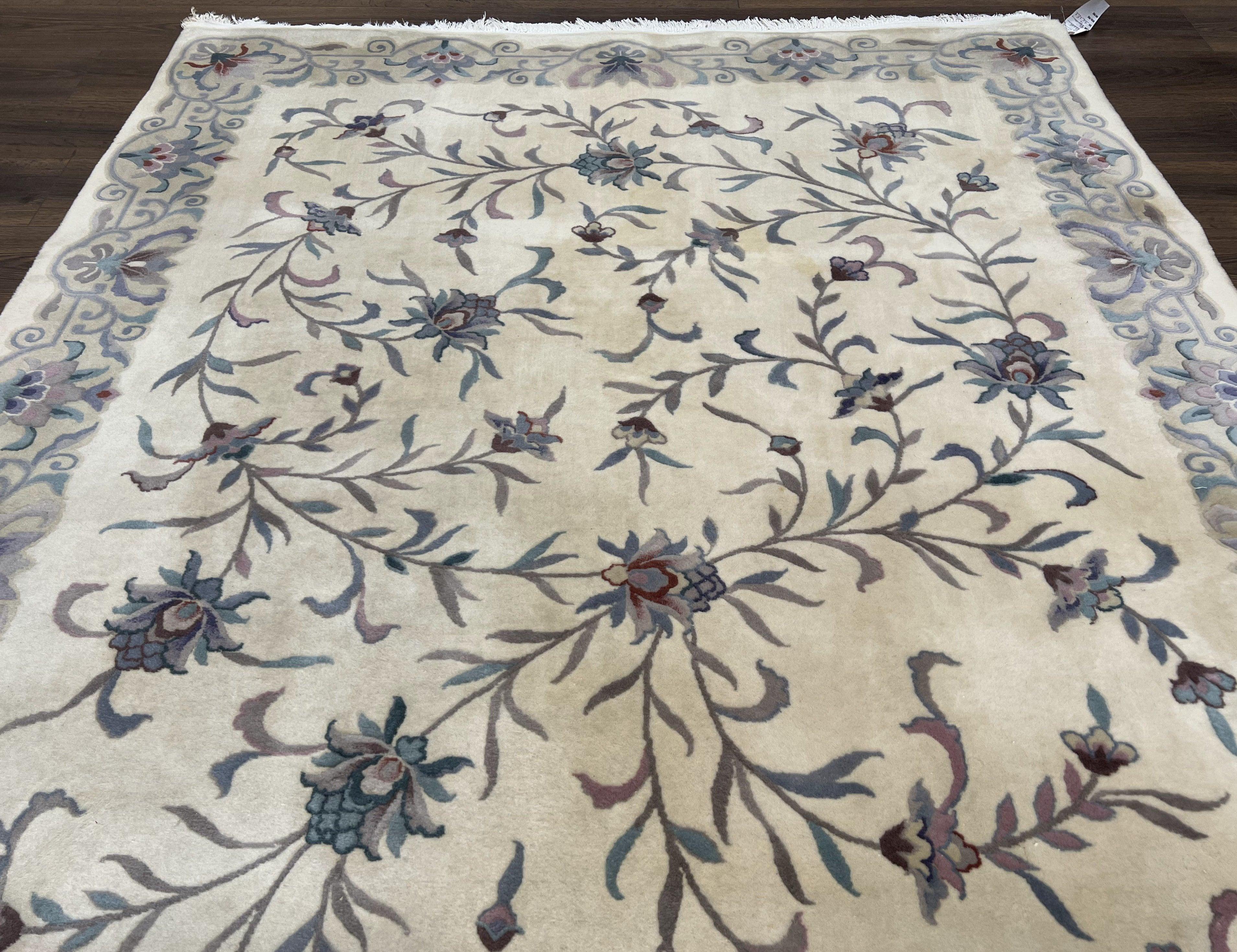 Vintage Chinese Rug 6x9, Chinese 120 Line Rug, Asian Oriental Carpet, Ivory/Beige and Teal, Floral Design, Soft Plush Wool Rug Handmade - Jewel Rugs