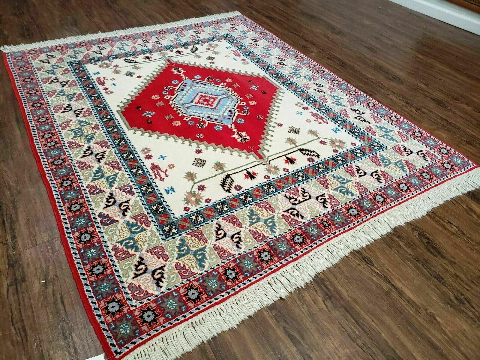 Vintage Moroccan Carpet 5x7 Area Rug, Berber Rug, Handmade Soft Wool Rug, Red Ivory and Blue, Geometric Medallion Rug, Bohemian Rug, Nice - Jewel Rugs