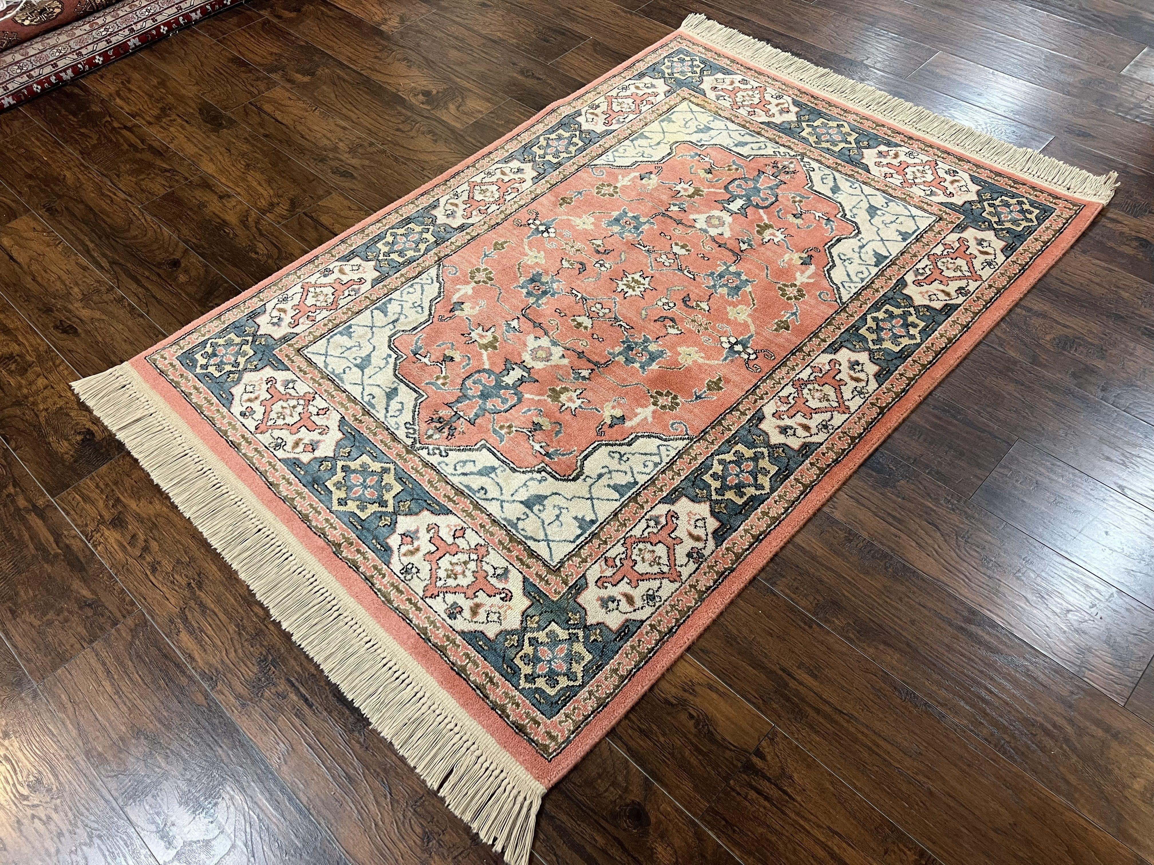 Karastan Rug 4x6 Bergama Design #737, Karastan Area Rug, Vintage Wool Karastan Carpet, Original Collection 700 Series, Salmon Red Light Blue - Jewel Rugs