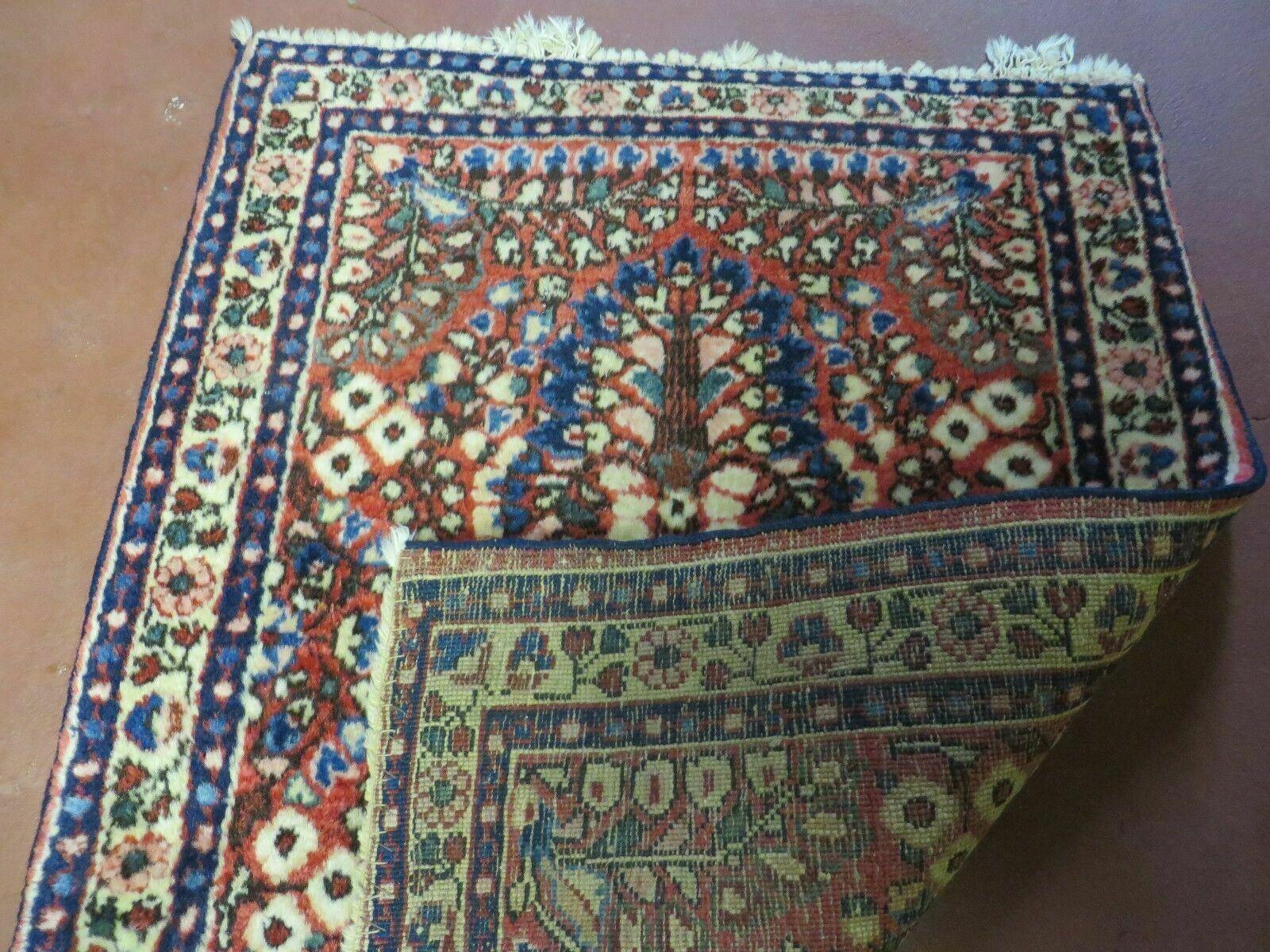 Small Persian Rug 2 x 2.6 Tiny Persian Sarouk Carpet, Red Blue Cream, Floral Design, Antique Wool Rug, Handmade Hand-Knotted, Oriental Rug Mat 2x3 - Jewel Rugs
