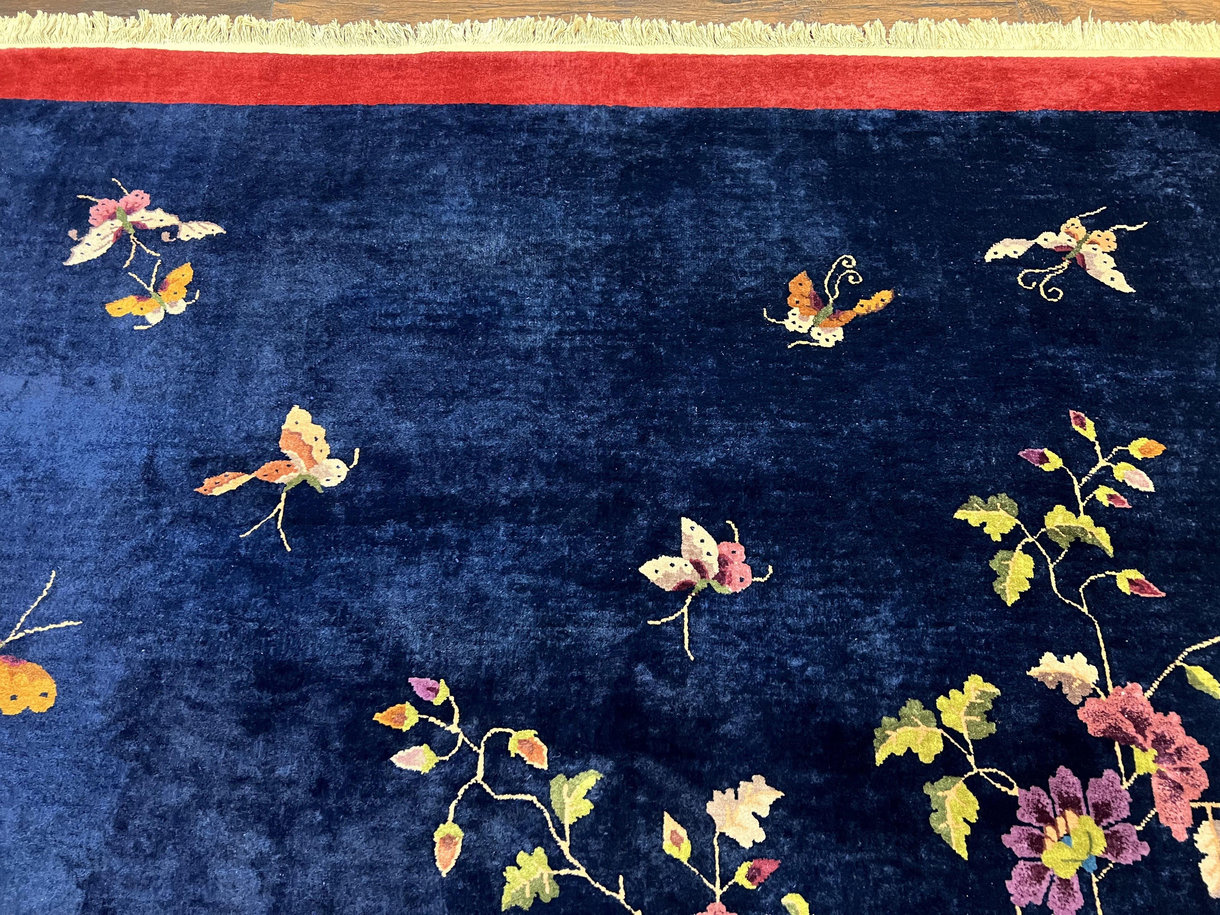 Chinese Art Deco Rug 8x10, Nichols Rug, Navy Blue and Red, Handmade Wool Carpet 8 x 10, Semi Antique Vintage Asian Oriental Rug, Butterflies - Jewel Rugs