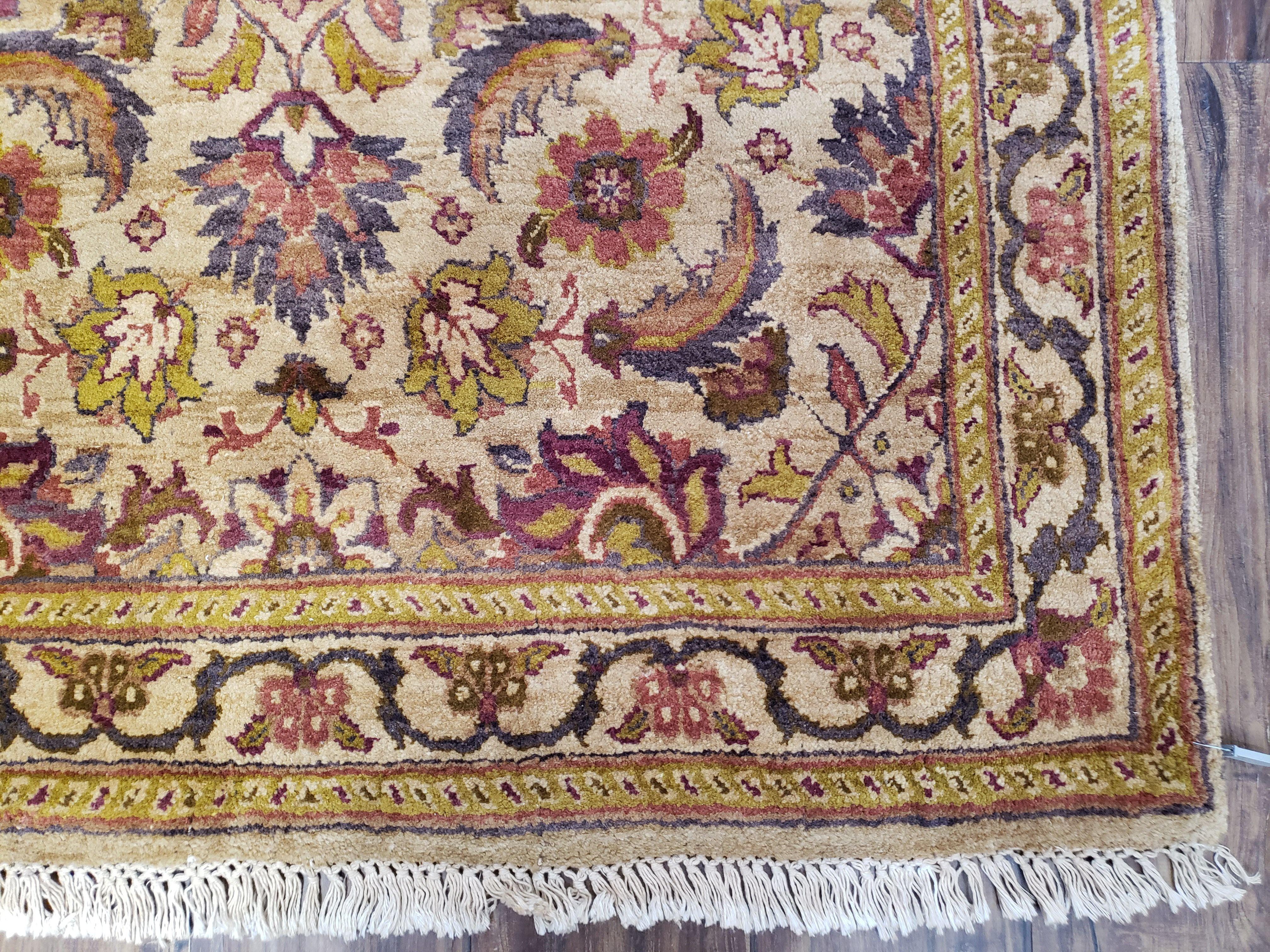 Indian Runner Rug 4x10, Handmade Hand Knotted Wool Oriental Runner Rug 4 x 10 Wide Runner, Vintage Corridor Hallway Runner, Tan Gold Floral - Jewel Rugs