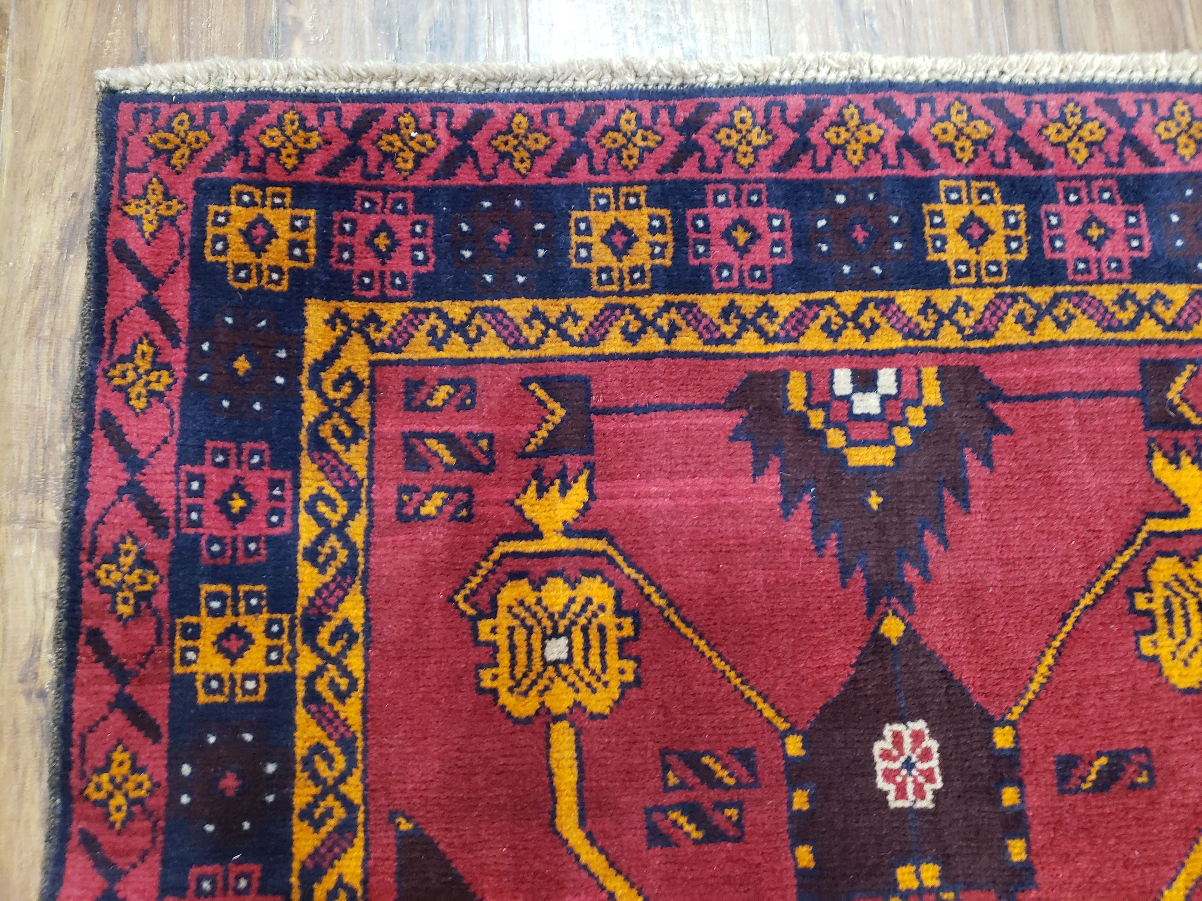 Vintage Balouchi Rug 3.8 x 6.4 ft, Small Baluch Carpet, Hand-Knotted Vivid Colors, Wool Nomadic Tribal Rug, Bohomenian Area Rug, Red Blue - Jewel Rugs