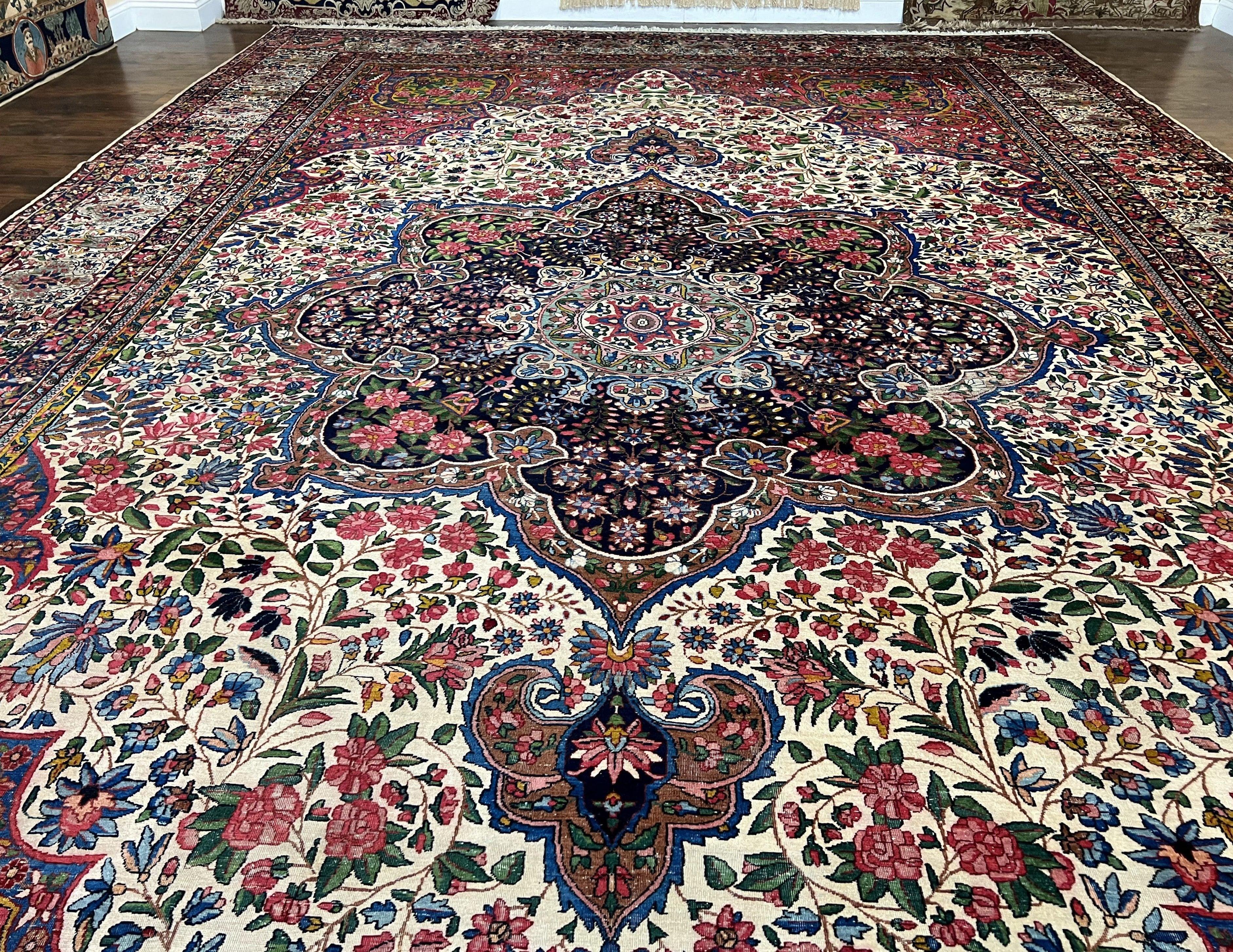 Spectacular Antique Persian Rug 12x19, Oversized Carpet 12 x 19, Palace Sized Hand Knotted Wool Rug, Floral Medallion, Kirman Lavar, Ivory Red - Jewel Rugs