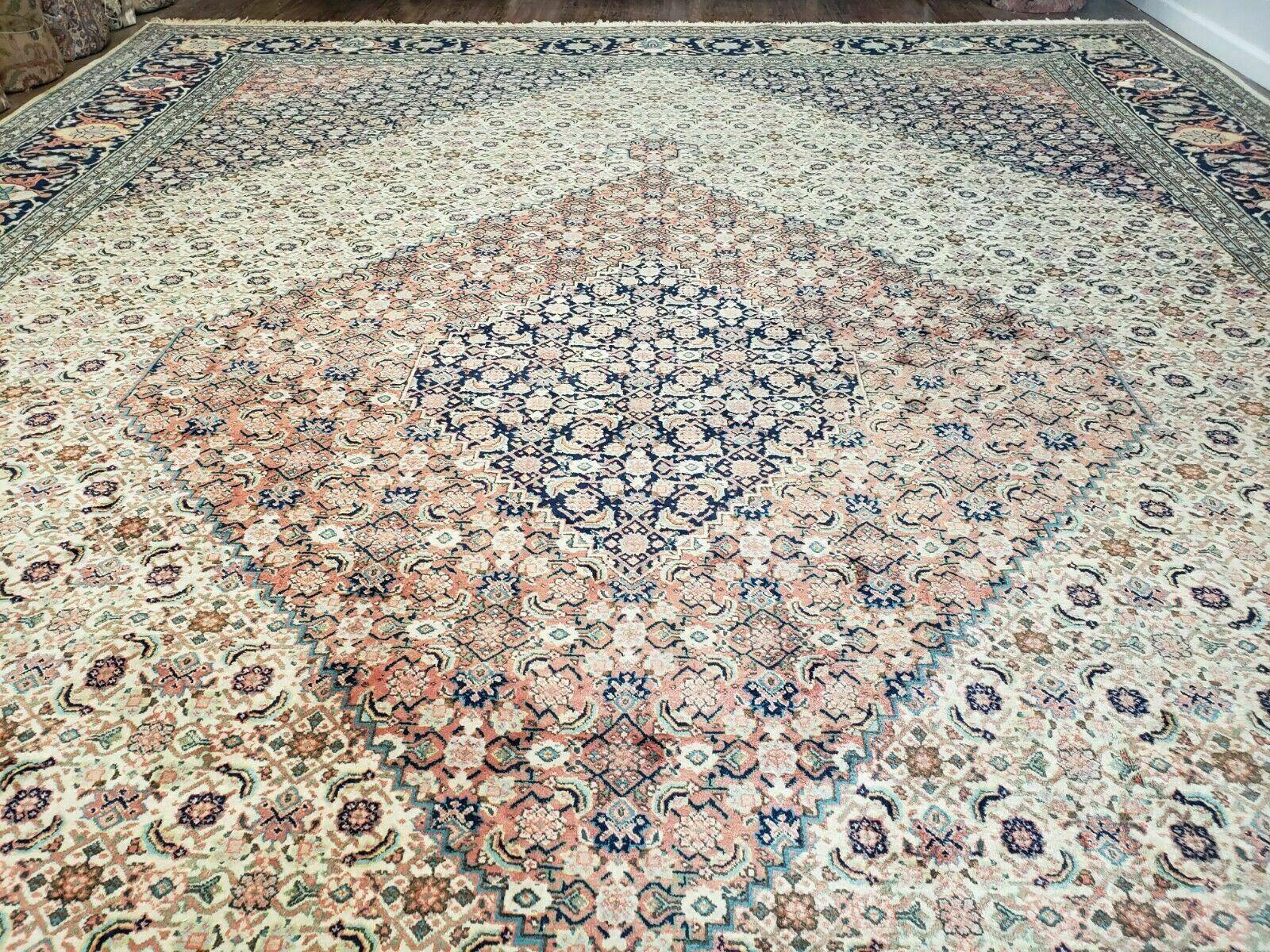 Persian Tabriz Rug 12x17, Allover Herati Pattern, High Quality Wool Rug, 12 x 17 Oriental Carpet, Hand Knotted, Blue Salmon Red Beige, Vintage Rug - Jewel Rugs