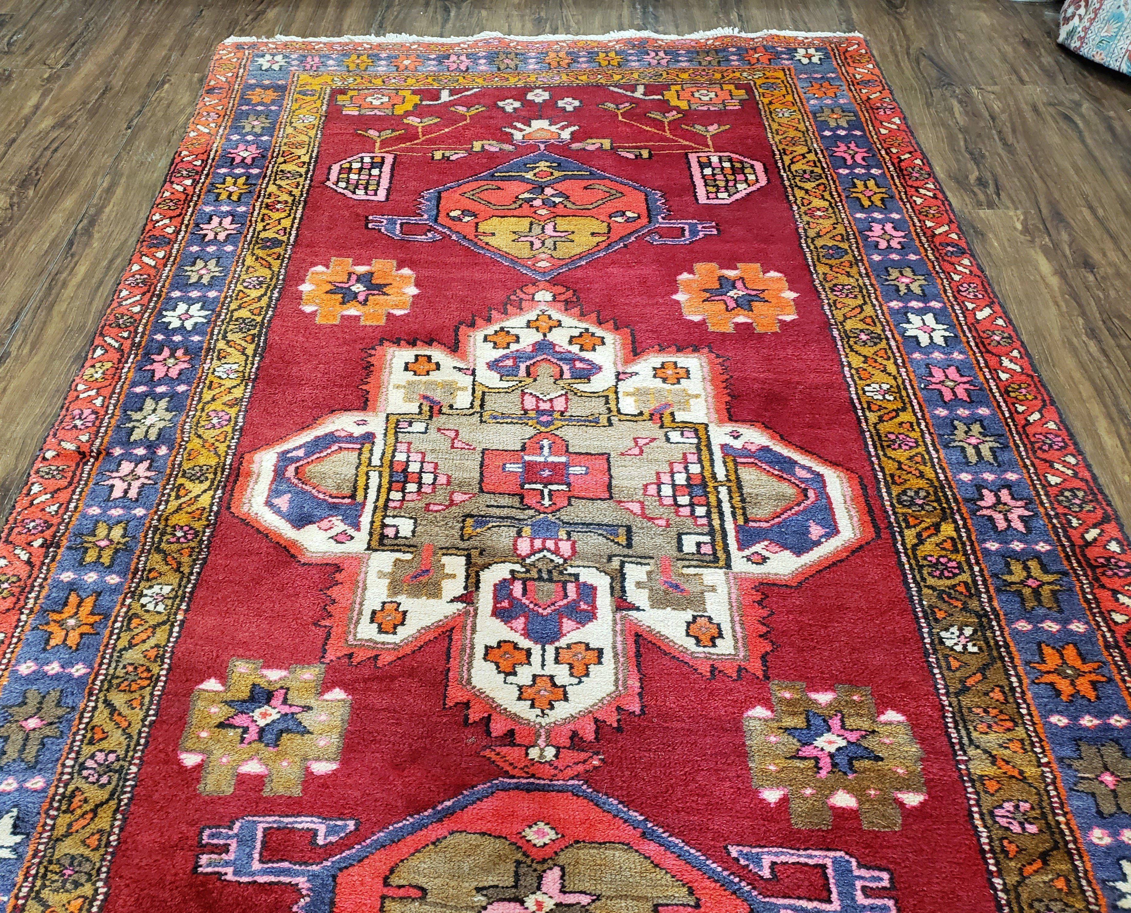 Antique Persian Karajeh Runner Rug 4.4 x 11 ft, Red Colorful Bold Vintage Tribal Geometric Heriz Runner, Village Runner, High Quality Handmade, 11ft Runner - Jewel Rugs