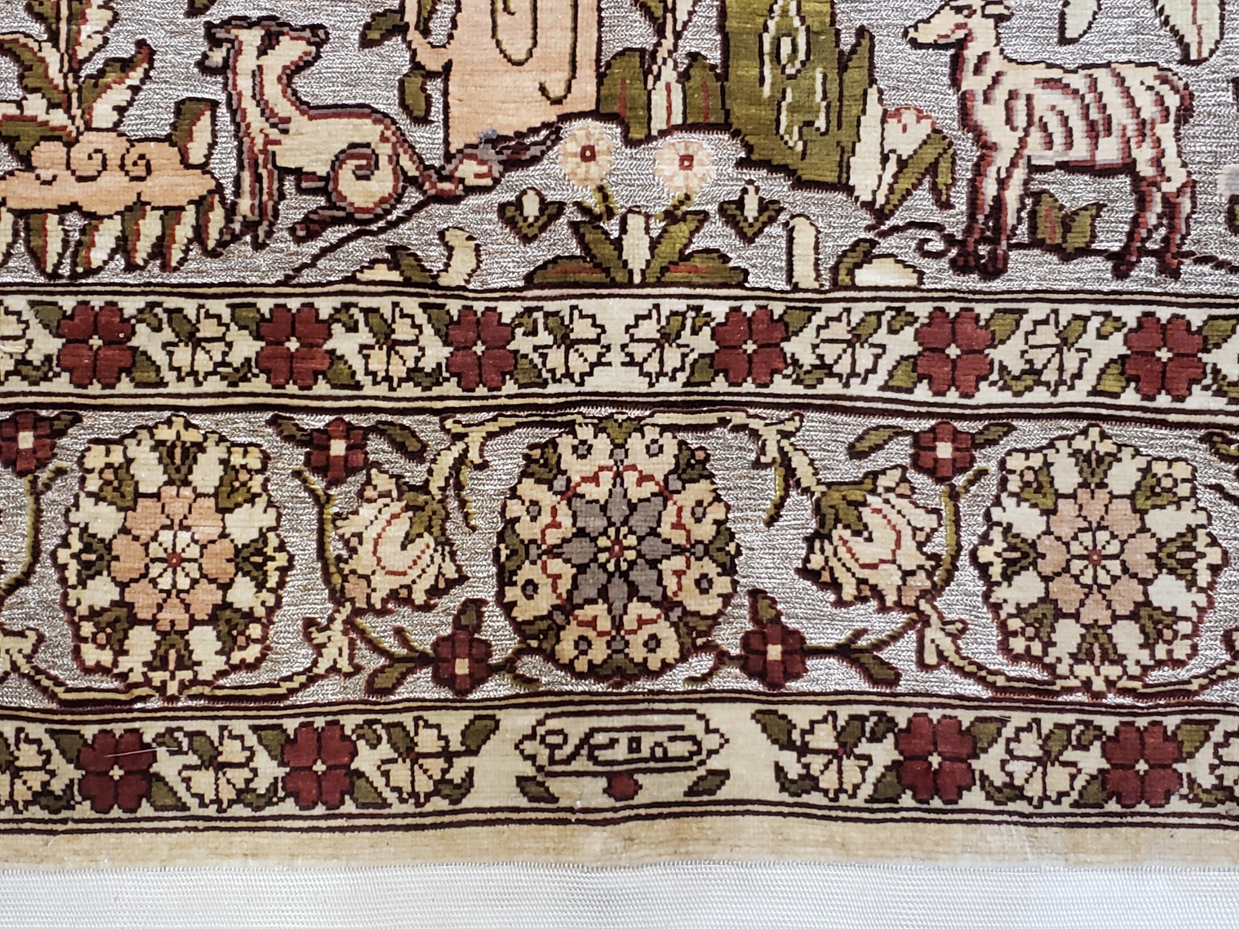 Turkish Hereke Silk Rug with Gold Threads, 2x3 Silk and Gold Oriental Carpet Tree of Life with Animals Very Fine Antique Vintage Top Quality - Jewel Rugs