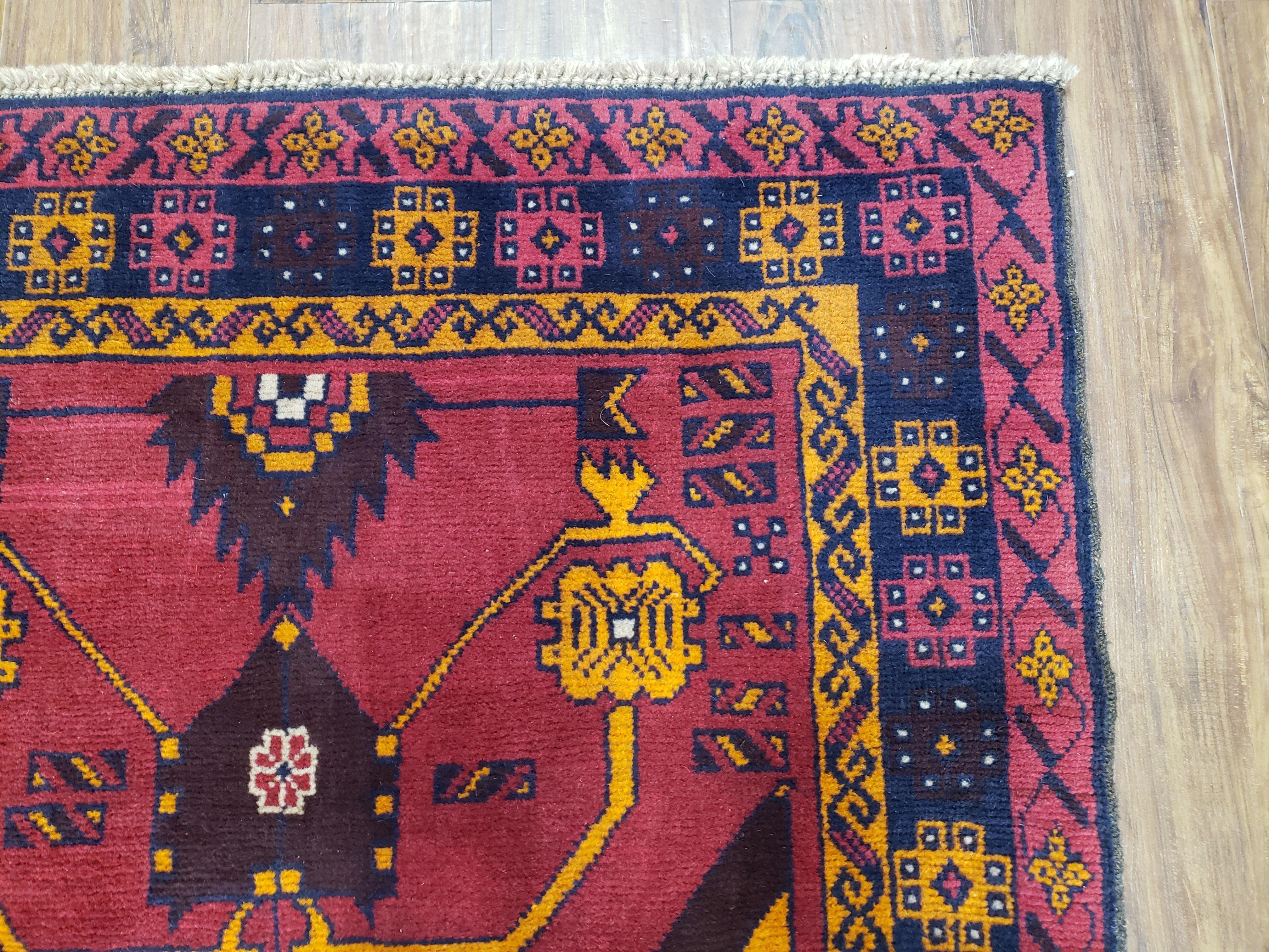 Vintage Balouchi Rug 3.8 x 6.4 ft, Small Baluch Carpet, Hand-Knotted Vivid Colors, Wool Nomadic Tribal Rug, Bohomenian Area Rug, Red Blue - Jewel Rugs