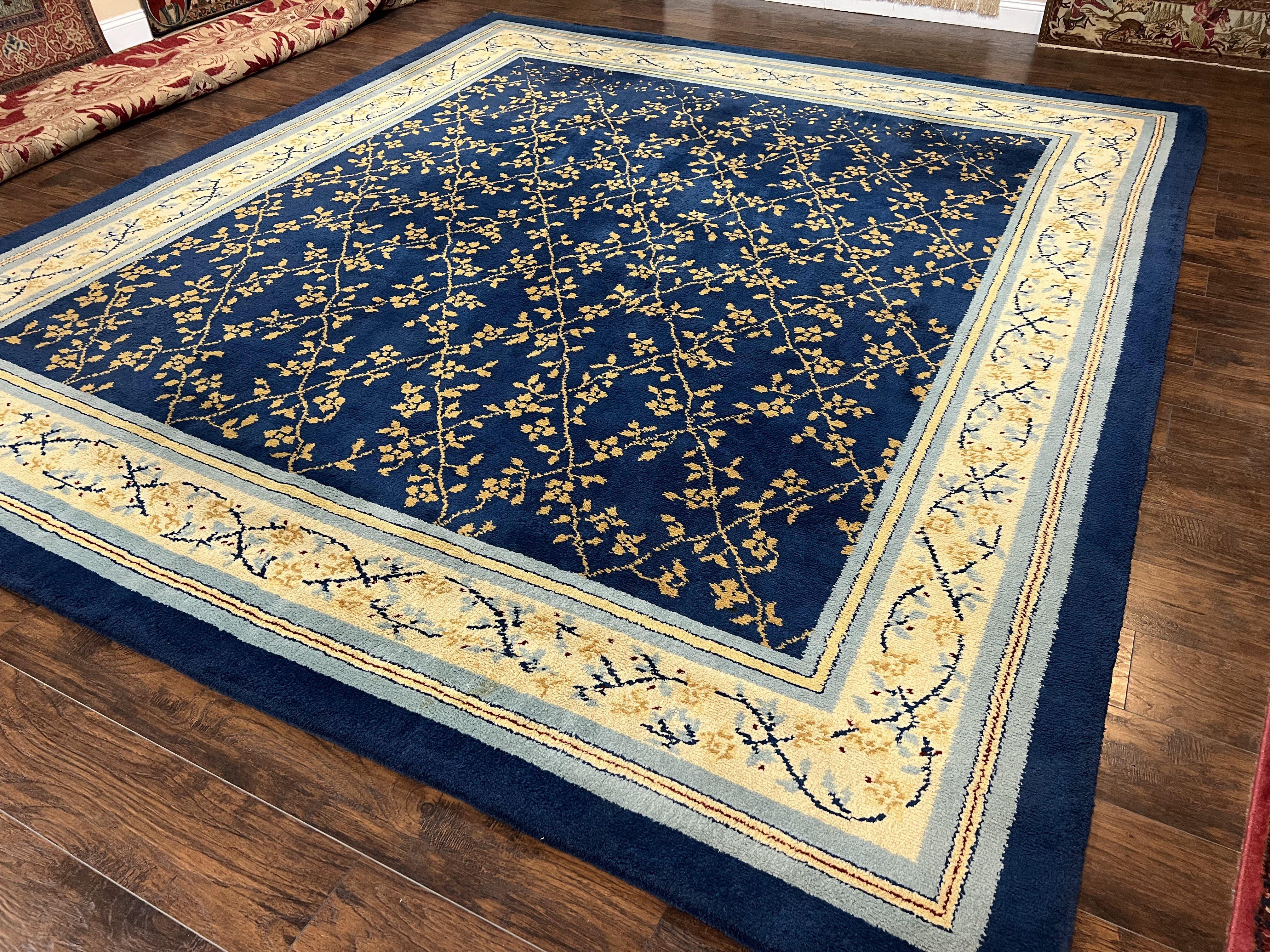 Vintage Spanish Portuguese Area Rug 10x12, Almost Square Size, Navy Blue - Gold - Cream, Floral European Design, Soft Wool Carpet Handmade - Jewel Rugs