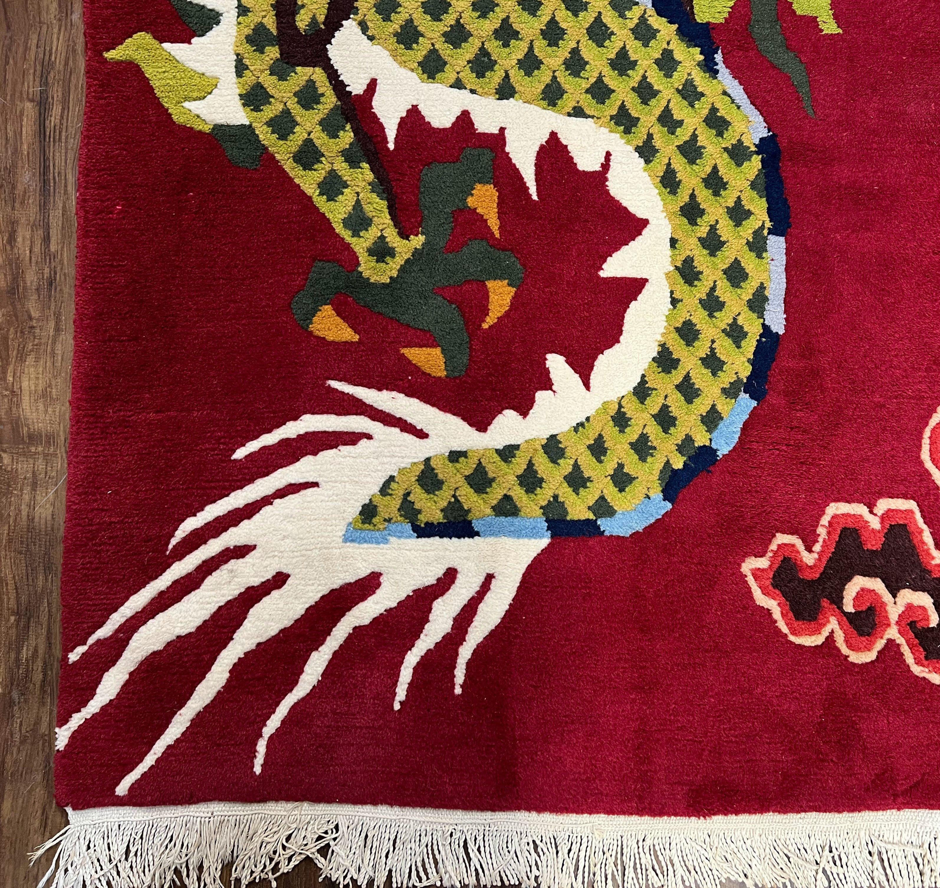 Vintage Chinese Dragon Rug 3 x 6.8, Handmade Hand Knotted Red Chinese Carpet with Gold Dragon, Art Deco Peking Soft Chinese Rug Runner - Jewel Rugs