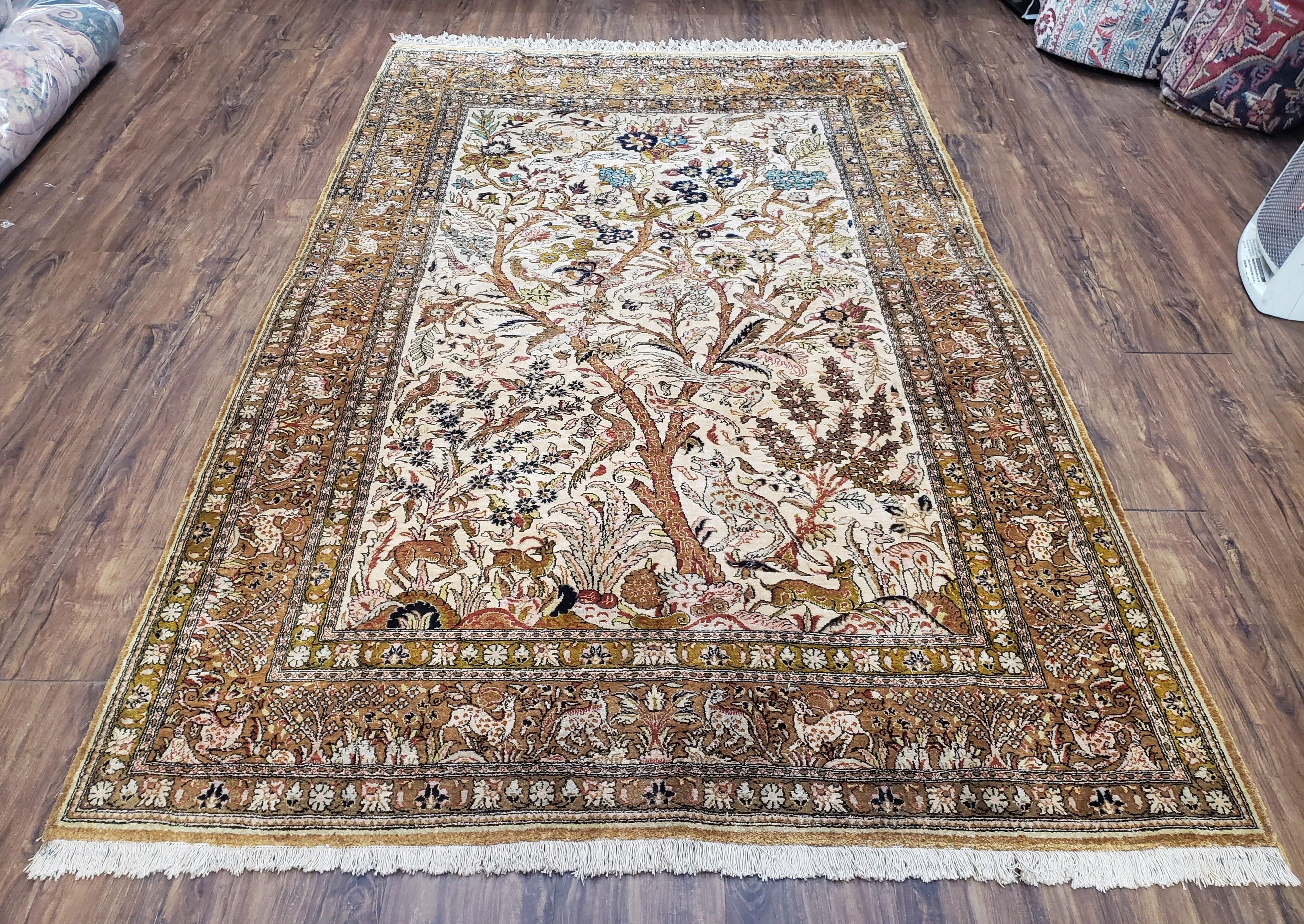 Persian Qum Silk Rug 5x7, Tree of Life Persian Silk Carpet with Animal Pictorials, Birds Deer, Hand Knotted 1950s Fine Rug Cream Gold - Jewel Rugs