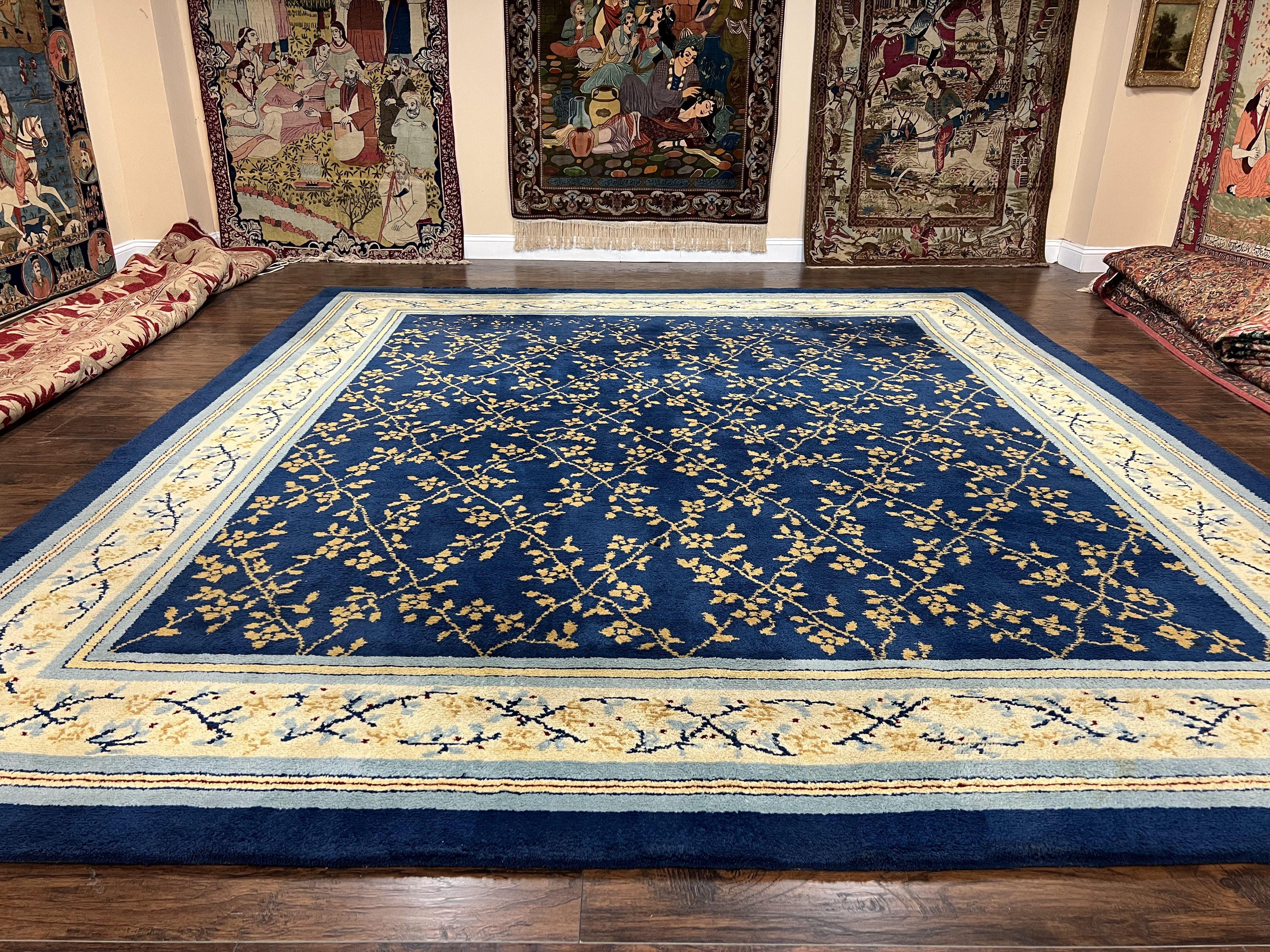 Vintage Spanish Portuguese Area Rug 10x12, Almost Square Size, Navy Blue - Gold - Cream, Floral European Design, Soft Wool Carpet Handmade - Jewel Rugs