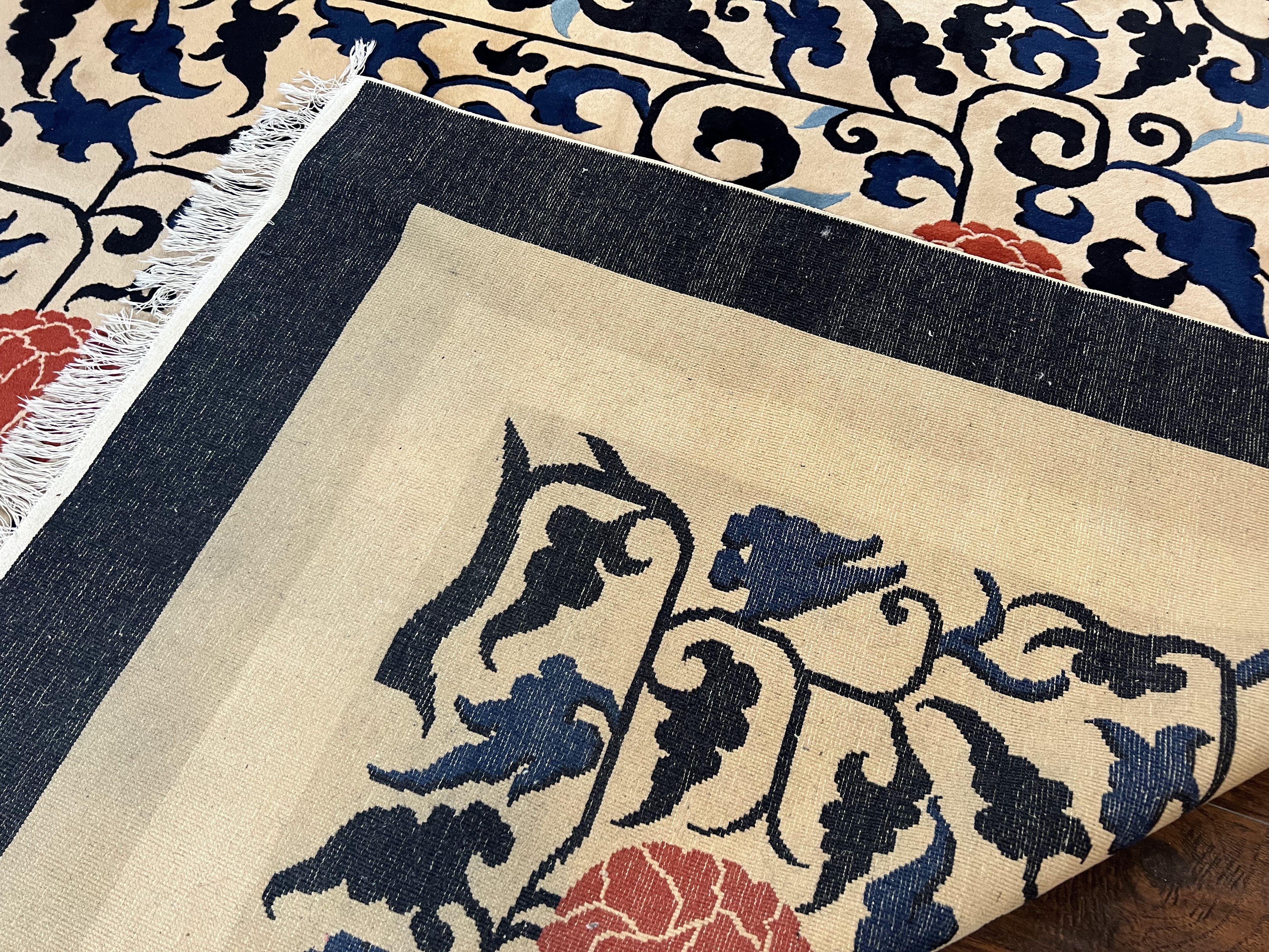 Antique Chinese Peking Rug 10x14, Beige Black, Handmade Wool Art Deco Carpet - Jewel Rugs