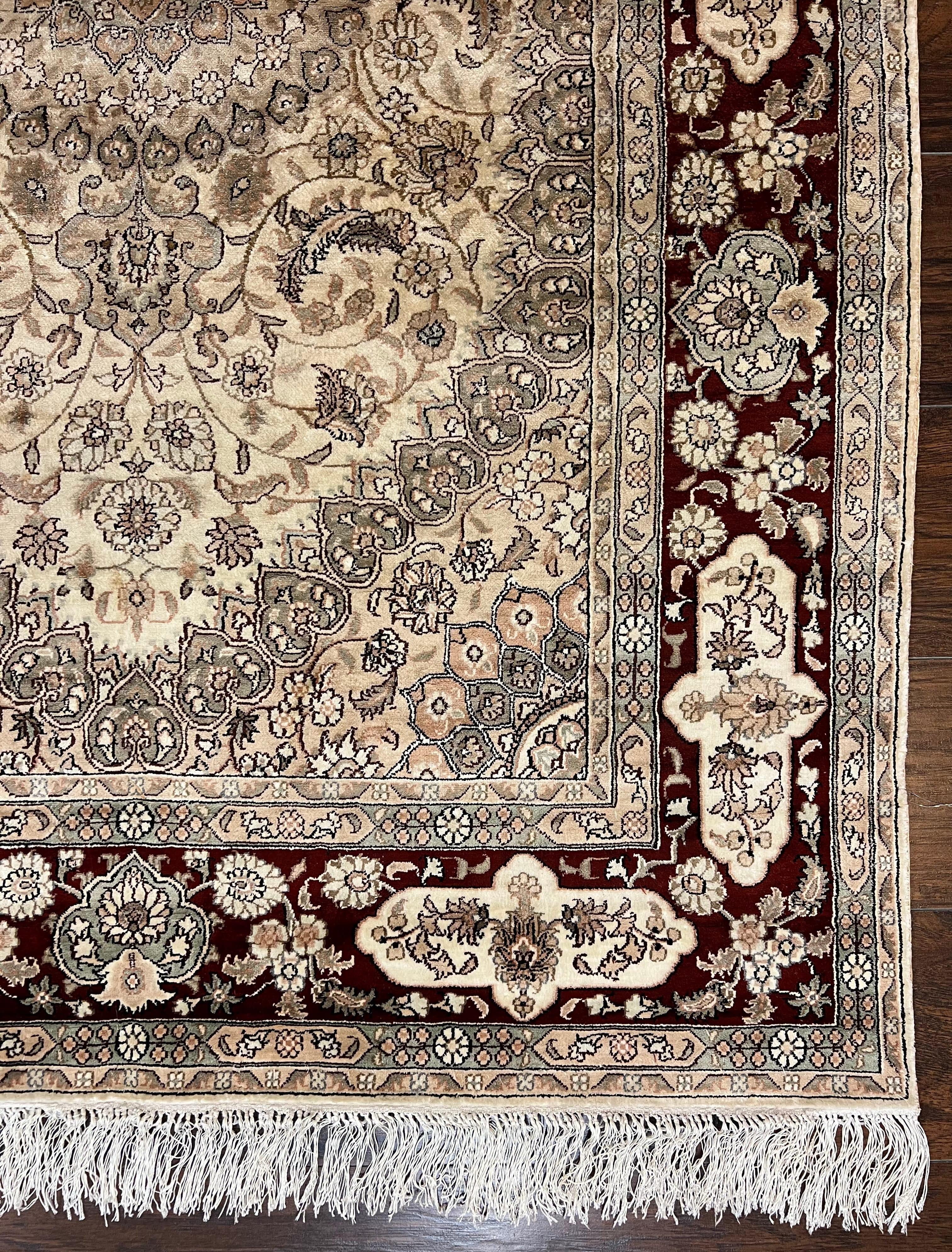 Silk Indian Kashmiri Rug 4x6 ft, Floral Medallion Hand Knotted Handmade Oriental Carpet, Vintage, Cream Burgundy, Very Fine Silk Rug 4 x 6 - Jewel Rugs