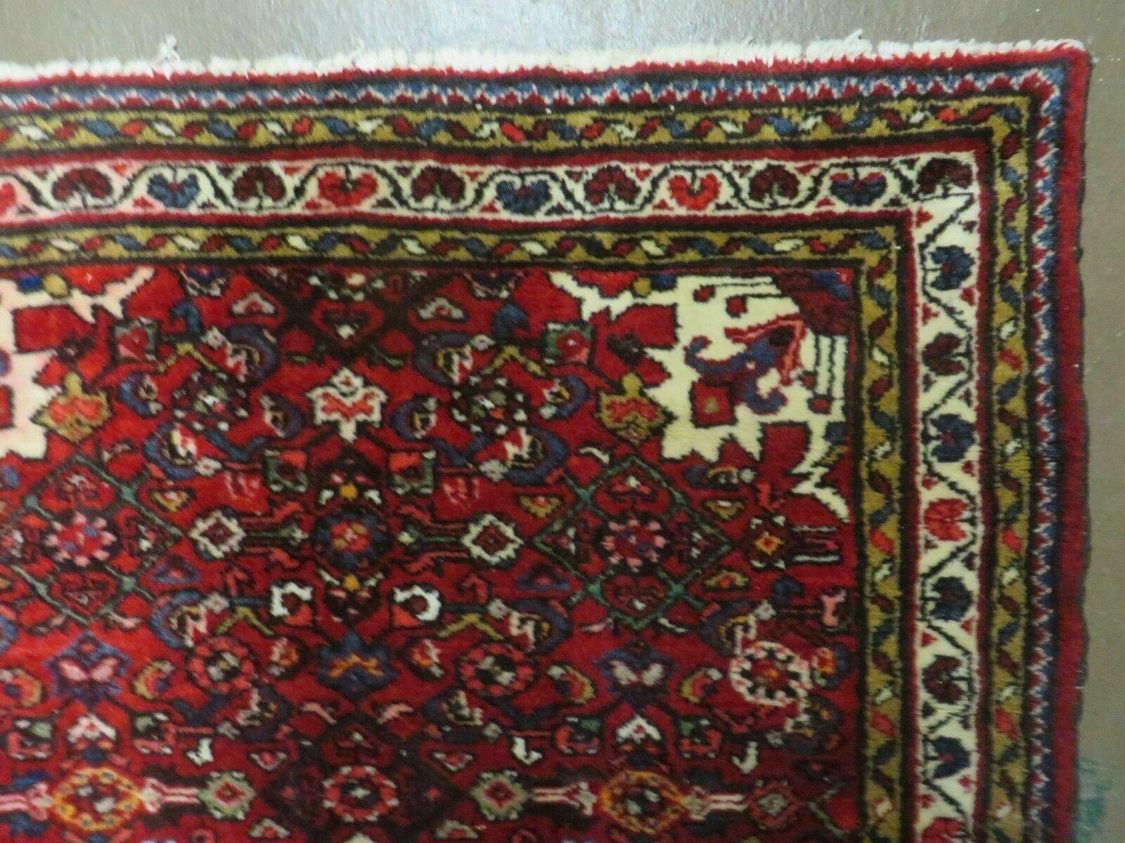 Semi Antique Persian Hamadan Rug 4x6, Vintage Handmade Hand Knotted Wool Oriental Carpet, Tribal Medallion, Vegetable Dyes, Red Ivory - Jewel Rugs