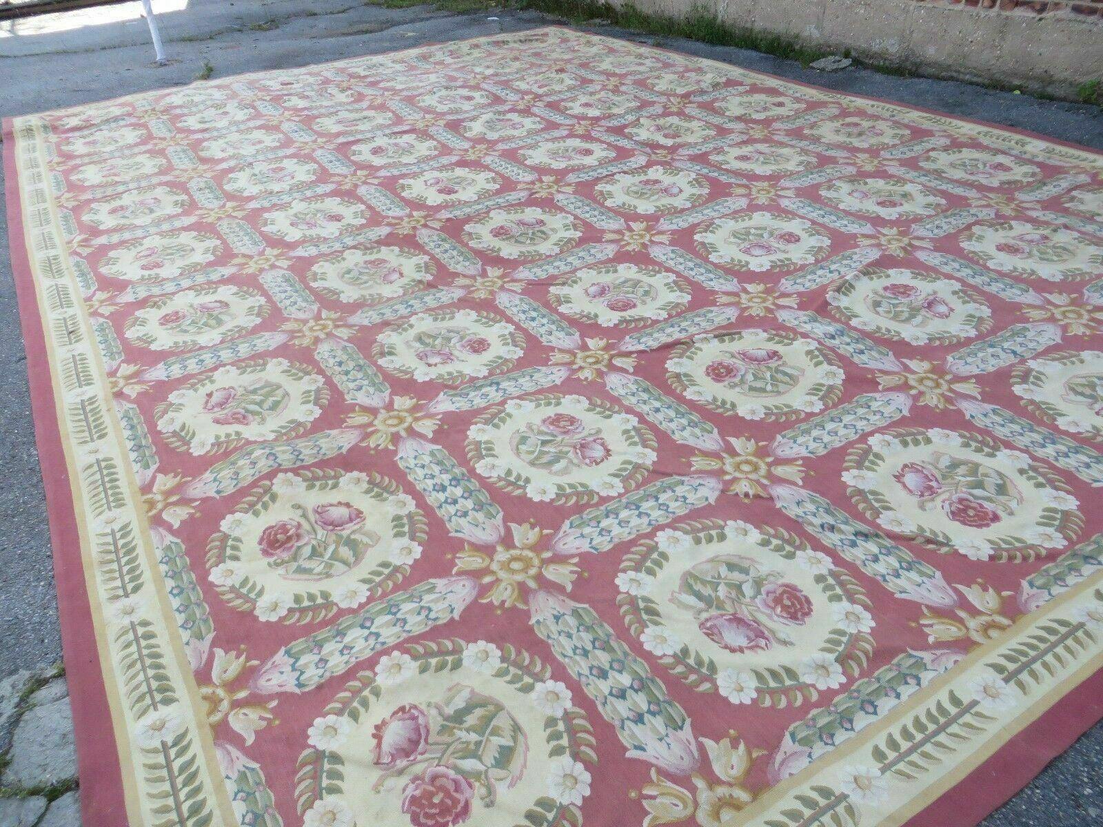 Palace Sized Aubusson Rug 13 x 20 ft, Oversized Handwoven Handmade Panel Design French Aubusson Carpet, Extra Large Wool Flatweave Rose Color - Jewel Rugs