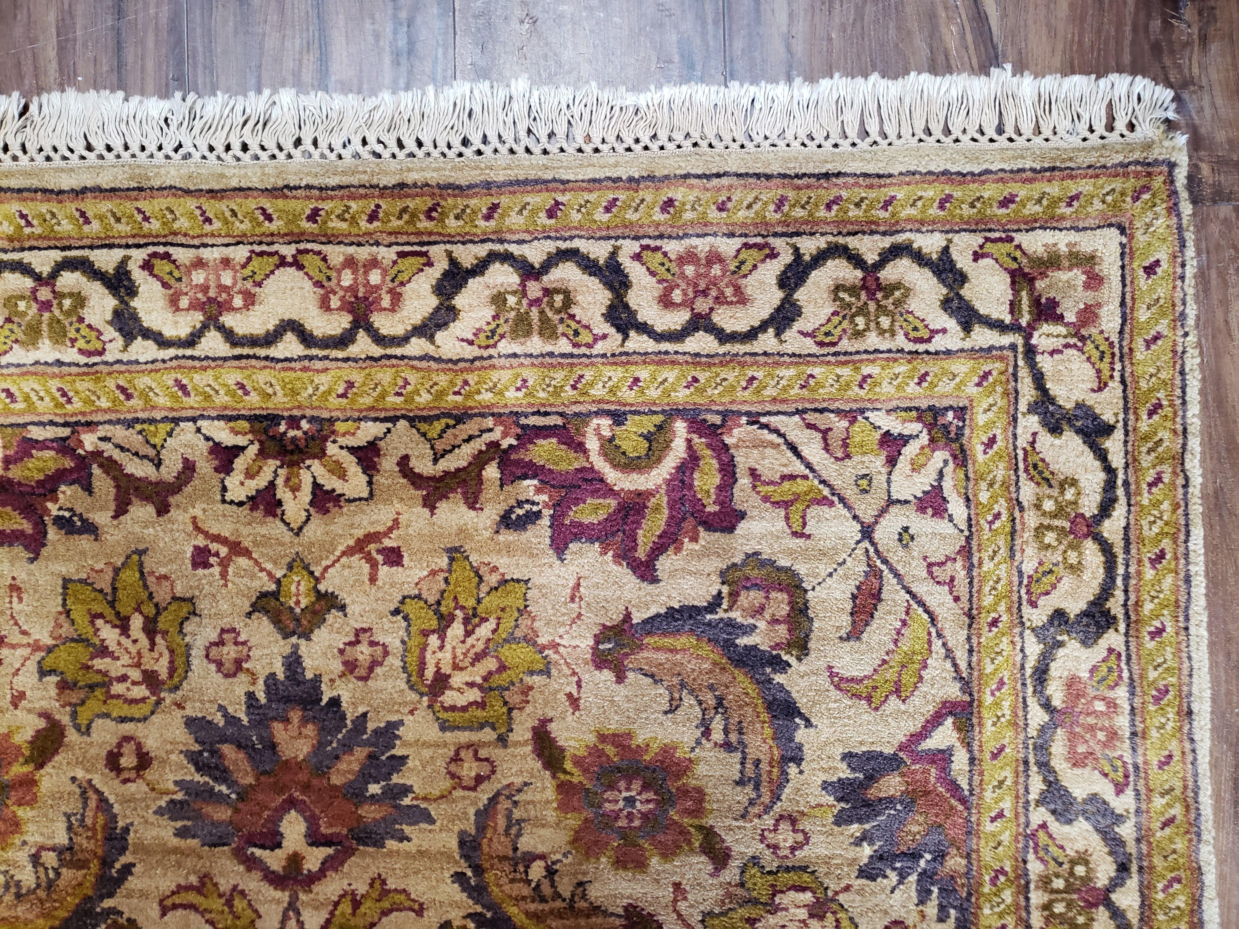 Indian Runner Rug 4x10, Handmade Hand Knotted Wool Oriental Runner Rug 4 x 10 Wide Runner, Vintage Corridor Hallway Runner, Tan Gold Floral - Jewel Rugs