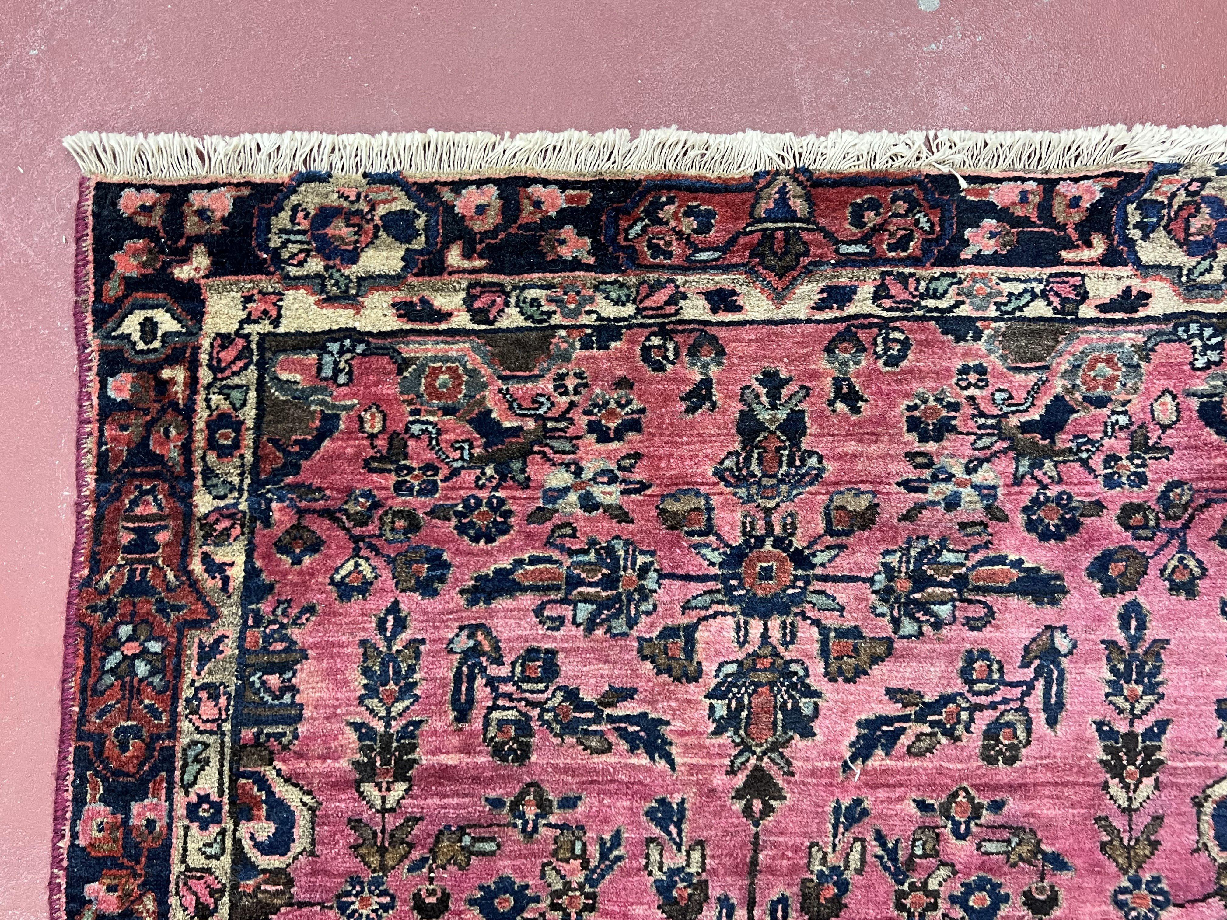 Antique Persian Sarouk Rug 2.4 x 4.9, Red and Dark Blue, Floral, Hand-Knotted, Small Carpet, Traditional, Authentic Oriental Rug 1920s Nice - Jewel Rugs