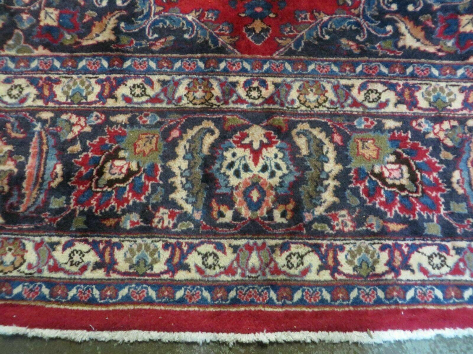Signed Persian Mashad Rug 10x13 Oriental Carpet, Semi Antique Rug 10 x 13 Vintage Rug, Hand Knotted, Traditional, Red Blue Cream, Medallion Allover - Jewel Rugs