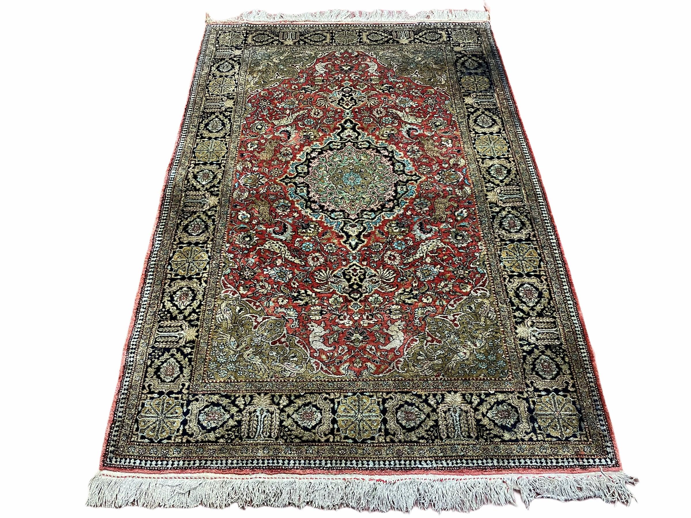 Persian Qum Silk Rug 3.8 x 5.6, Silk on Silk, Animal Pictorials, Fine 330 KPSI - Jewel Rugs