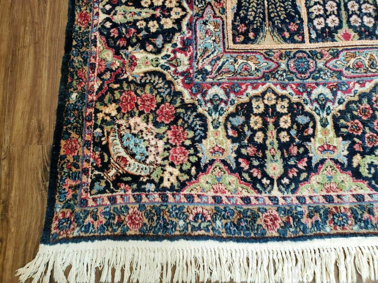 Persian Rug 10x15, Authentic Oriental Carpet 10 x 15, Wool Area Rug Panel Design Hand-Knotted Vintage Kirman Yazd Rug, Dark Blue and Beige, Floral - Jewel Rugs