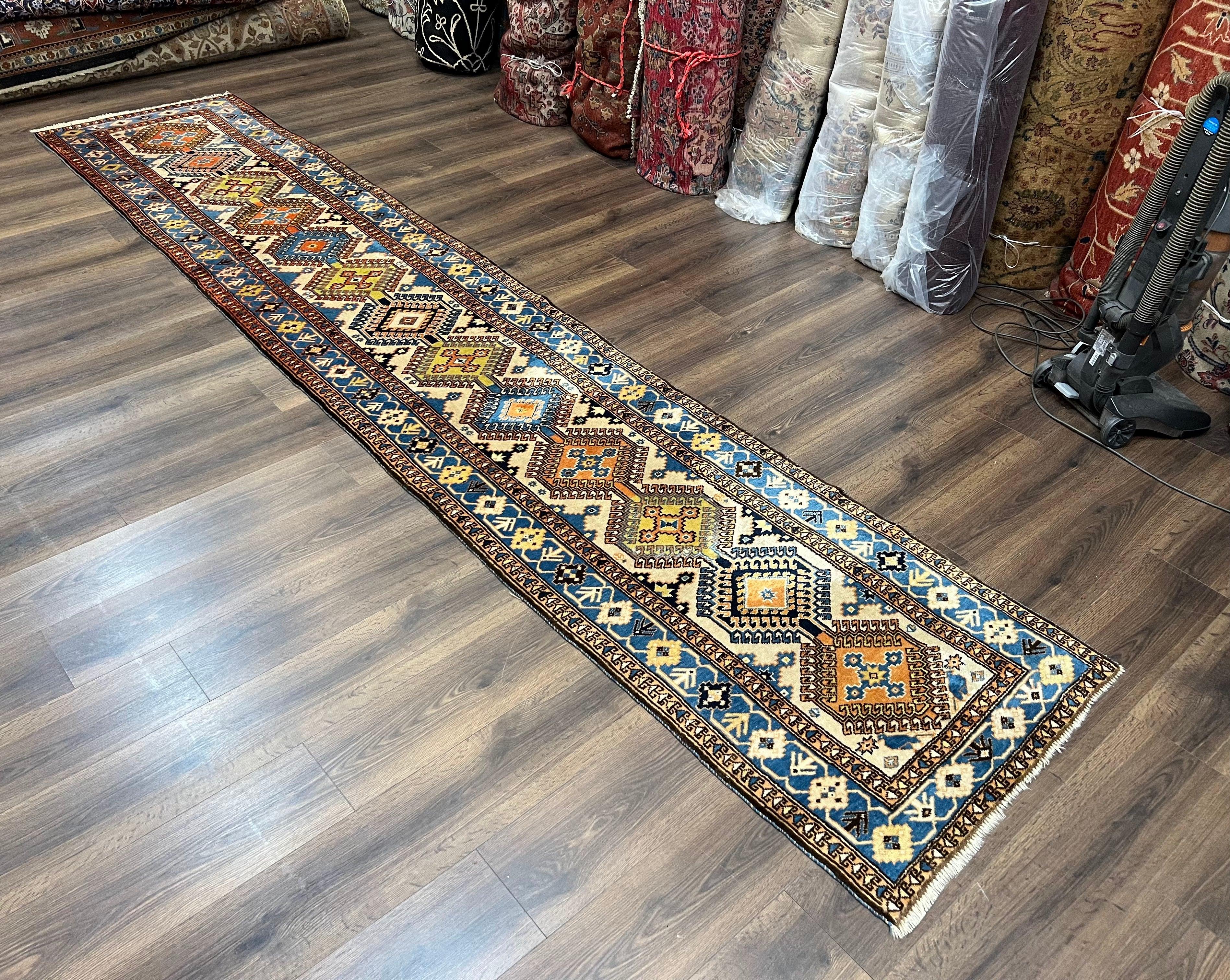 Colorful Turkish Runner Rug 3 x 13 ft, Caucasian Design, Vintage Runner Rug, Wool Hallway Runner, Blue Cream Yellow, Handmade Tribal Rug - Jewel Rugs