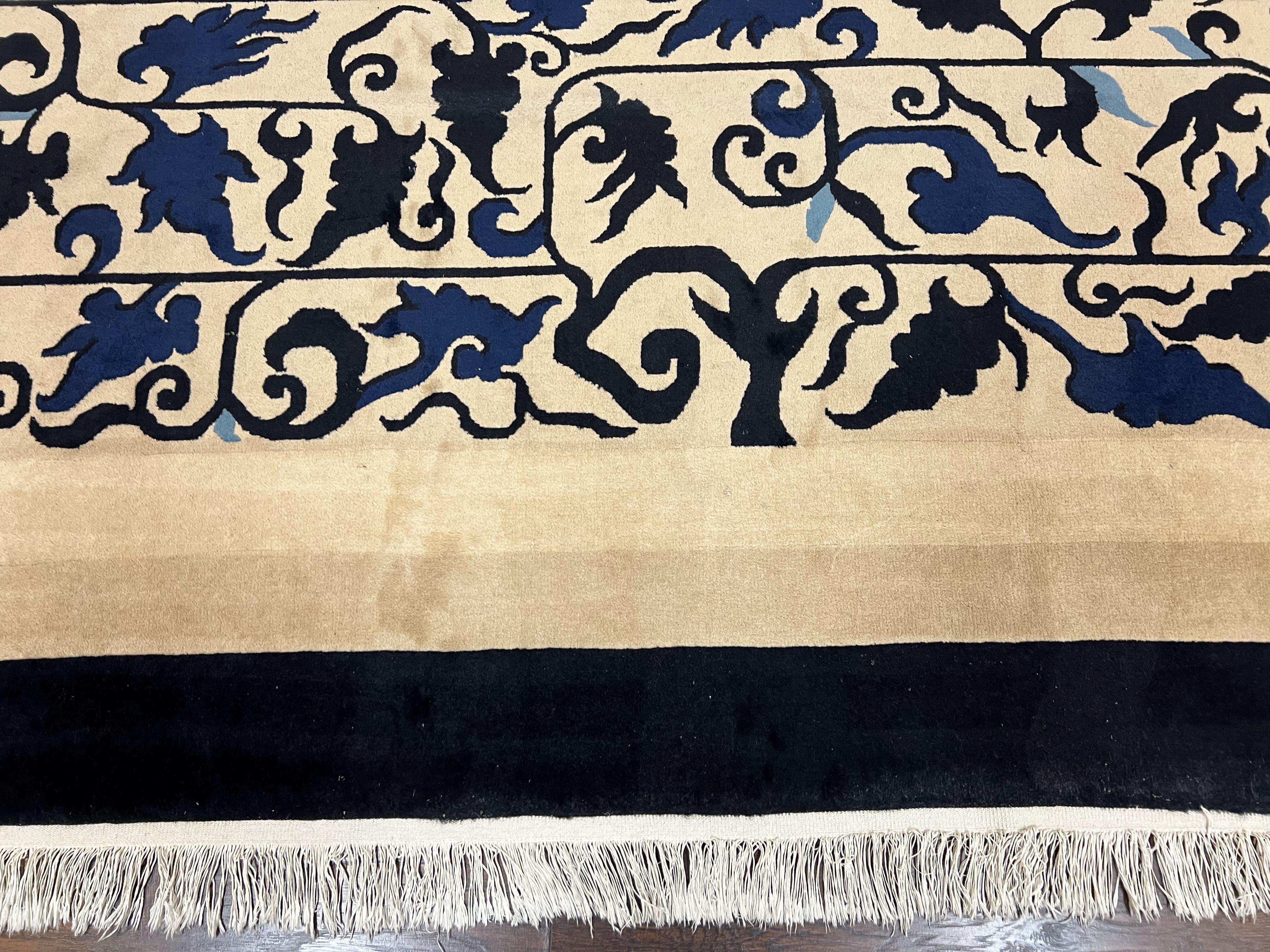 Antique Chinese Peking Rug 10x14, Beige Black, Handmade Wool Art Deco Carpet - Jewel Rugs