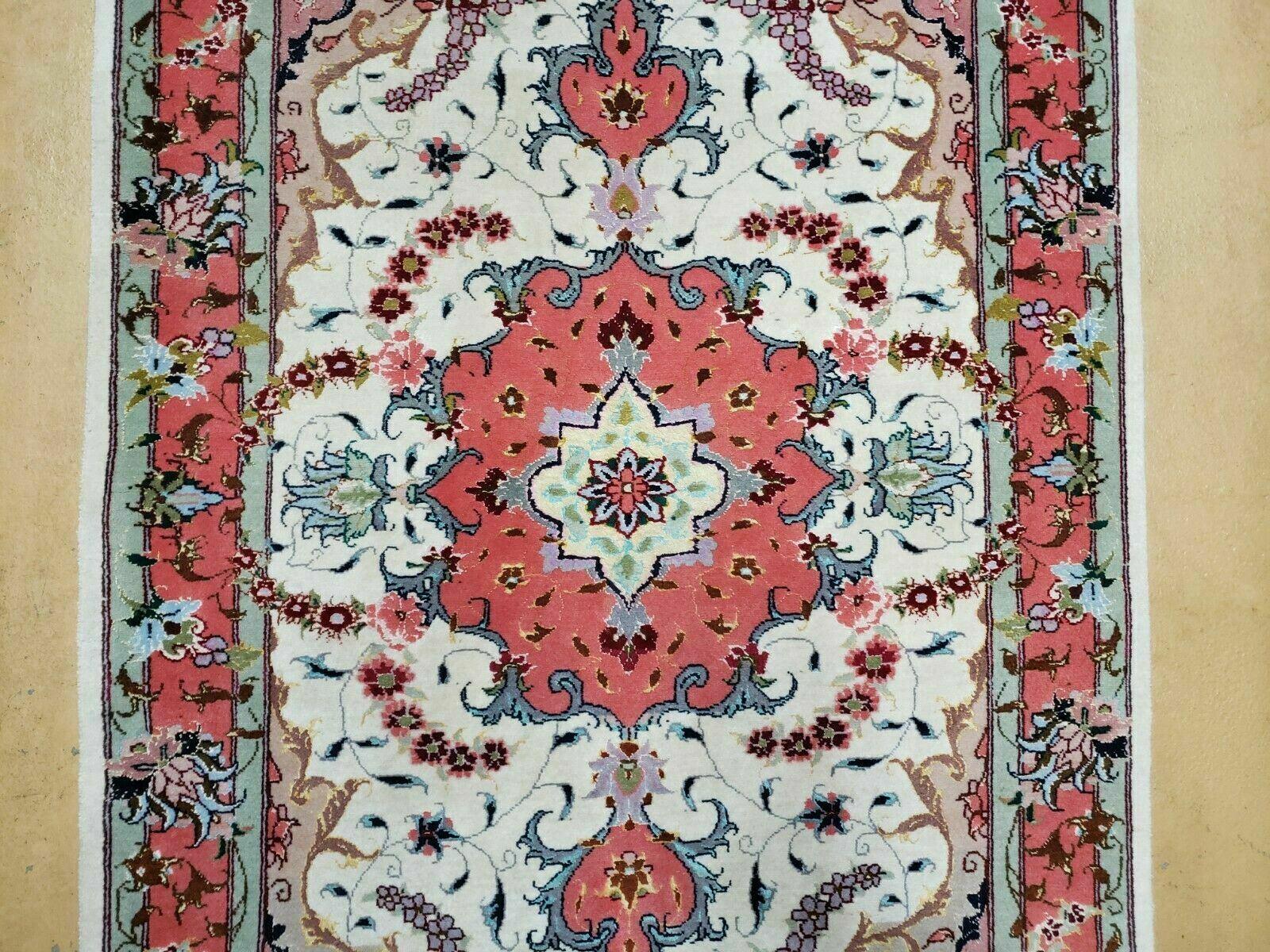 Small Vintage Persian Tabriz Wool and Silk Rug 2.5 x 4 ft, Very Finely Hand Knotted, Medallion, Ivory Salmon Light Blue, Top Quality, Pair B - Jewel Rugs