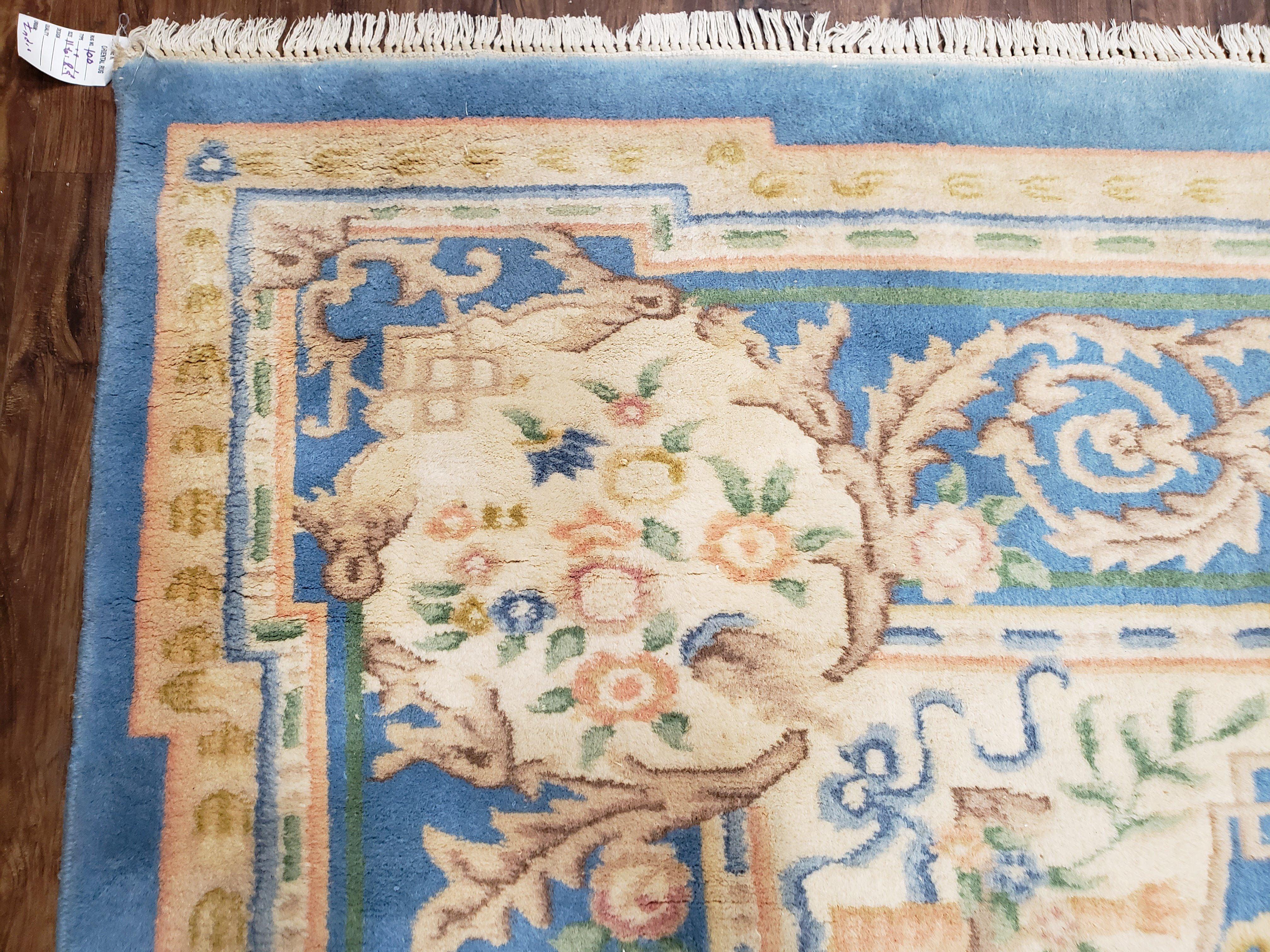 Light Blue and Ivory Rug, Indo Chinese Rug, Aubusson Rug, 8x11 - 9x12 Rugs, Room Sized Rug, Handmade Wool Area Rug, Vintage Rug, Sky Blue - Jewel Rugs