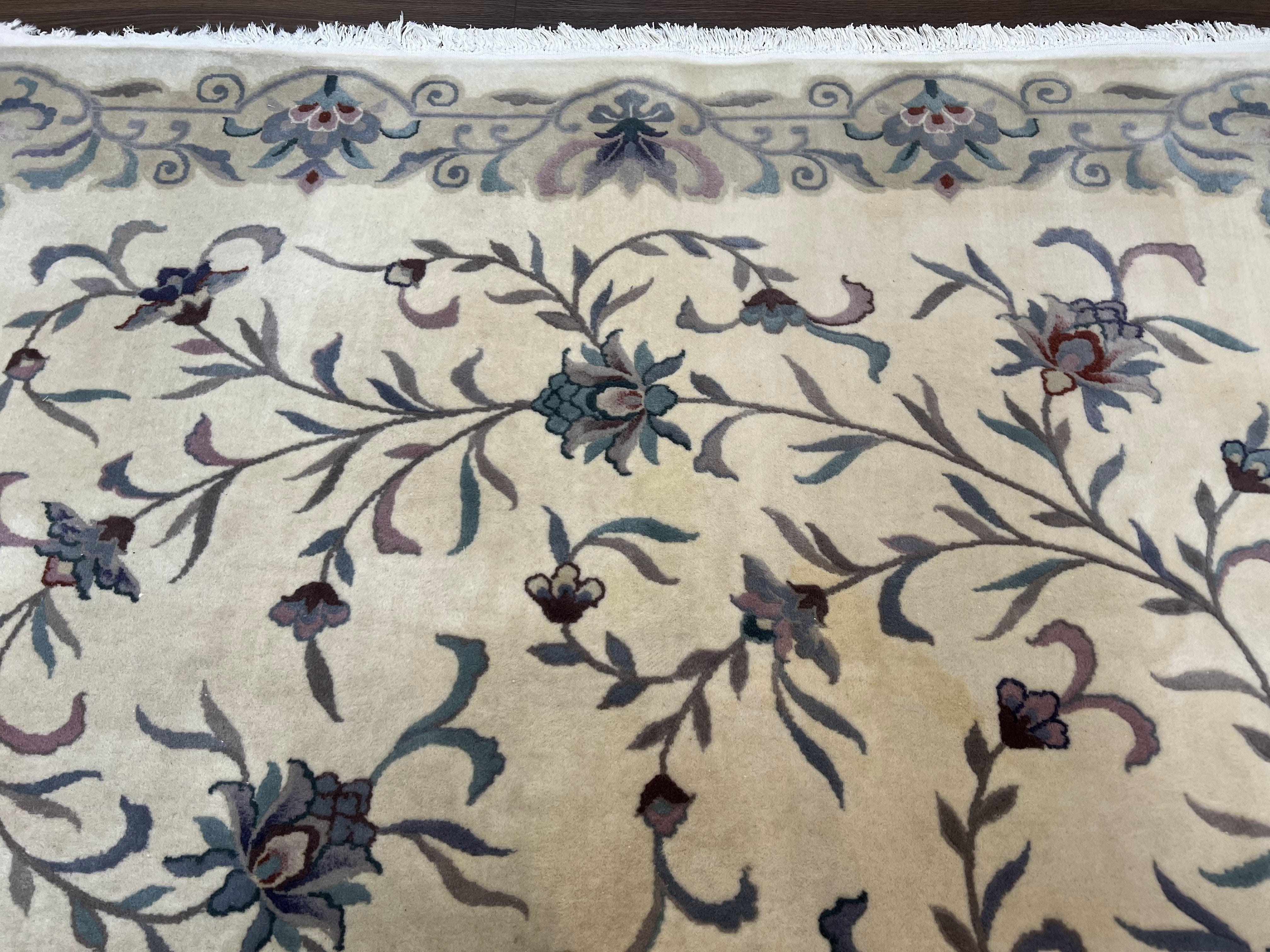 Vintage Chinese Rug 6x9, Chinese 120 Line Rug, Asian Oriental Carpet, Ivory/Beige and Teal, Floral Design, Soft Plush Wool Rug Handmade - Jewel Rugs