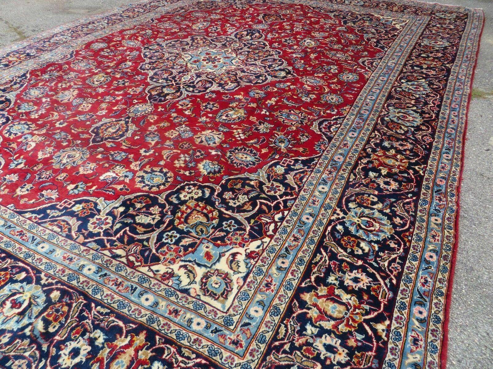 Vintage Persian Kashan Rug 10x13, Hand Knotted Room Sized Carpet, Red Light Blue Dark Blue, Wool, Traditional, Medallion and Corner Design - Jewel Rugs