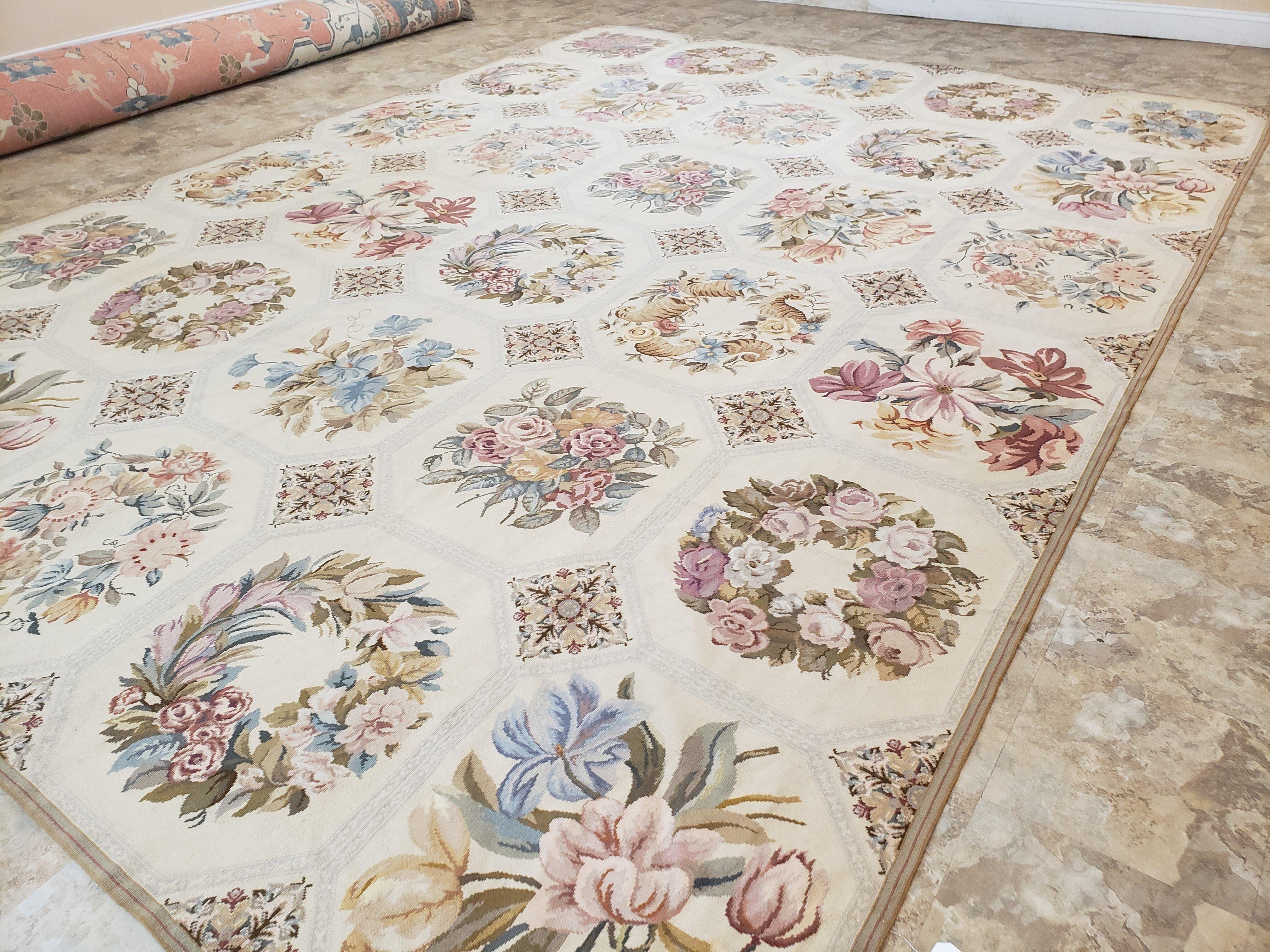 Needlepoint Rug 10x13 Vintage Carpet, Floral Panel Design, Beige, Multicolor Flowers, Handmade Hand Woven, Flatweave, No Pile, Wool - Jewel Rugs