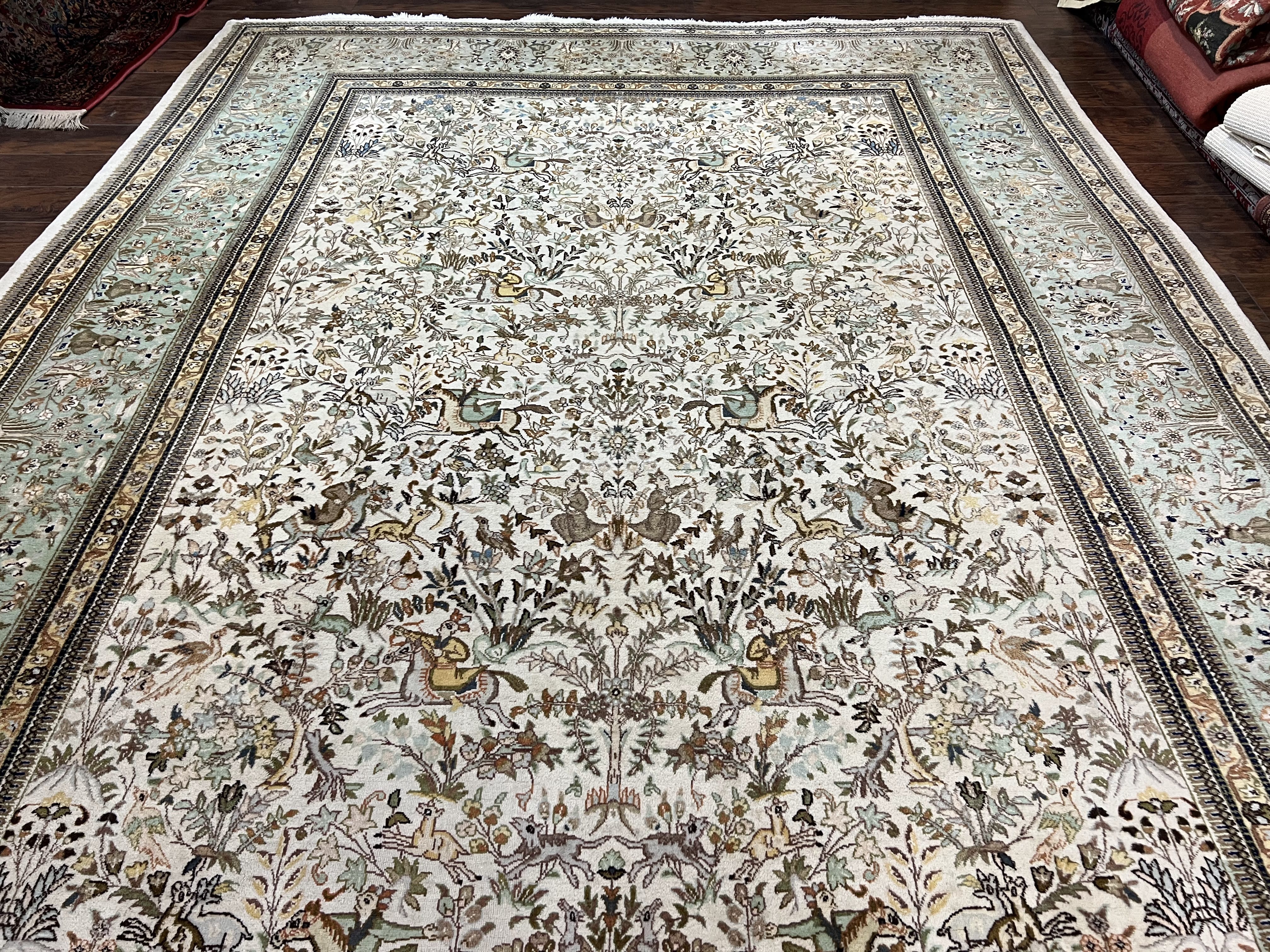 Wonderful Persian Tabriz Rug 10x16, Ivory and Light Green Oriental Carpet, Large Wool Handmade Rug 10 x 16, Floral, Hunting Scene Horsemen Animals - Jewel Rugs