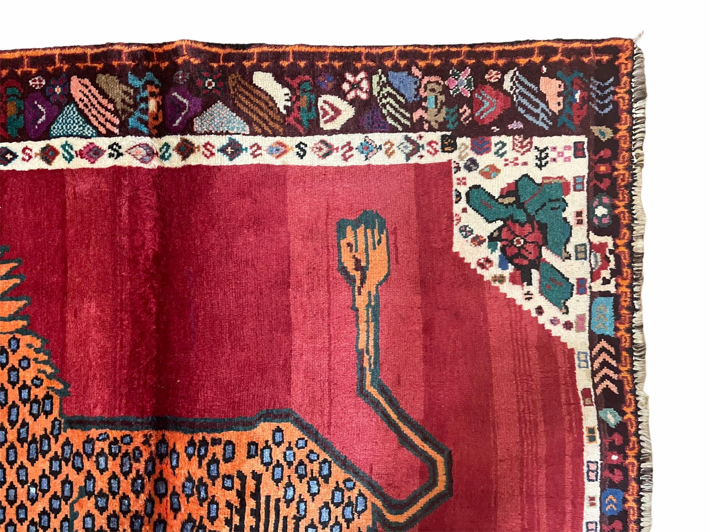 Antique Persian Gabbeh Wool Rug 4x5, Lion Pictorial Rug, Red Orange Black, Hand Knotted Handmade Vintage Gabbeh Carpet 4 x 5 ft, Tribal Rug - Jewel Rugs