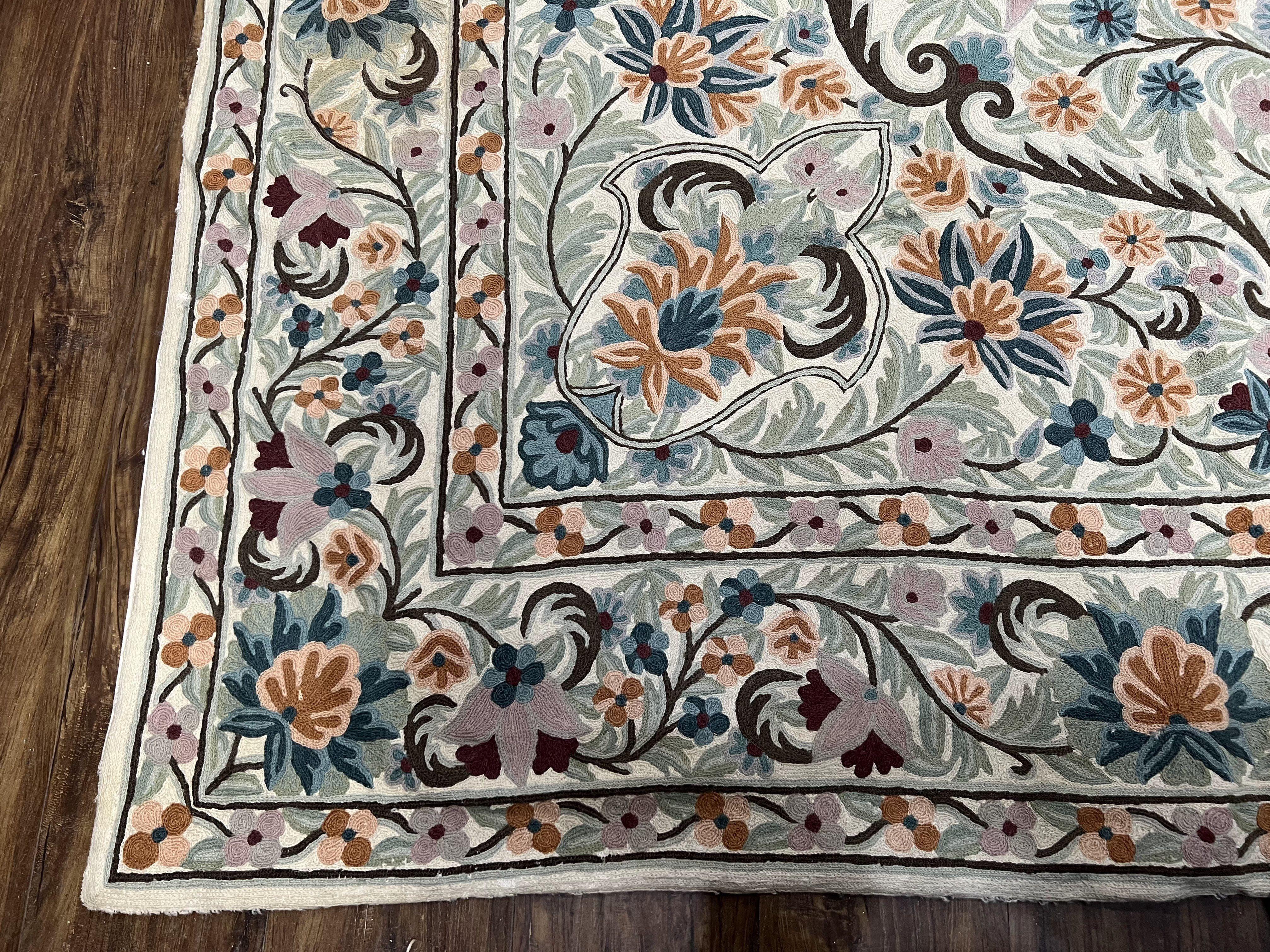 Chain Stitched Rug 9x12 Vintage Carpet 9 x 12 Flatweave Rug, Ivory Teal Rug, Area Rug 9 by 12, Hand Stitched Rug, Medallion, Indian Rug - Jewel Rugs