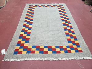 New Turkish Kilim Area Rug, Gray Carpet With Colorful Checker Border, 5'6" x 8", Flatweave Carpet, Playroom Rug, Kids Room Rug, Hand-Knotted - Jewel Rugs