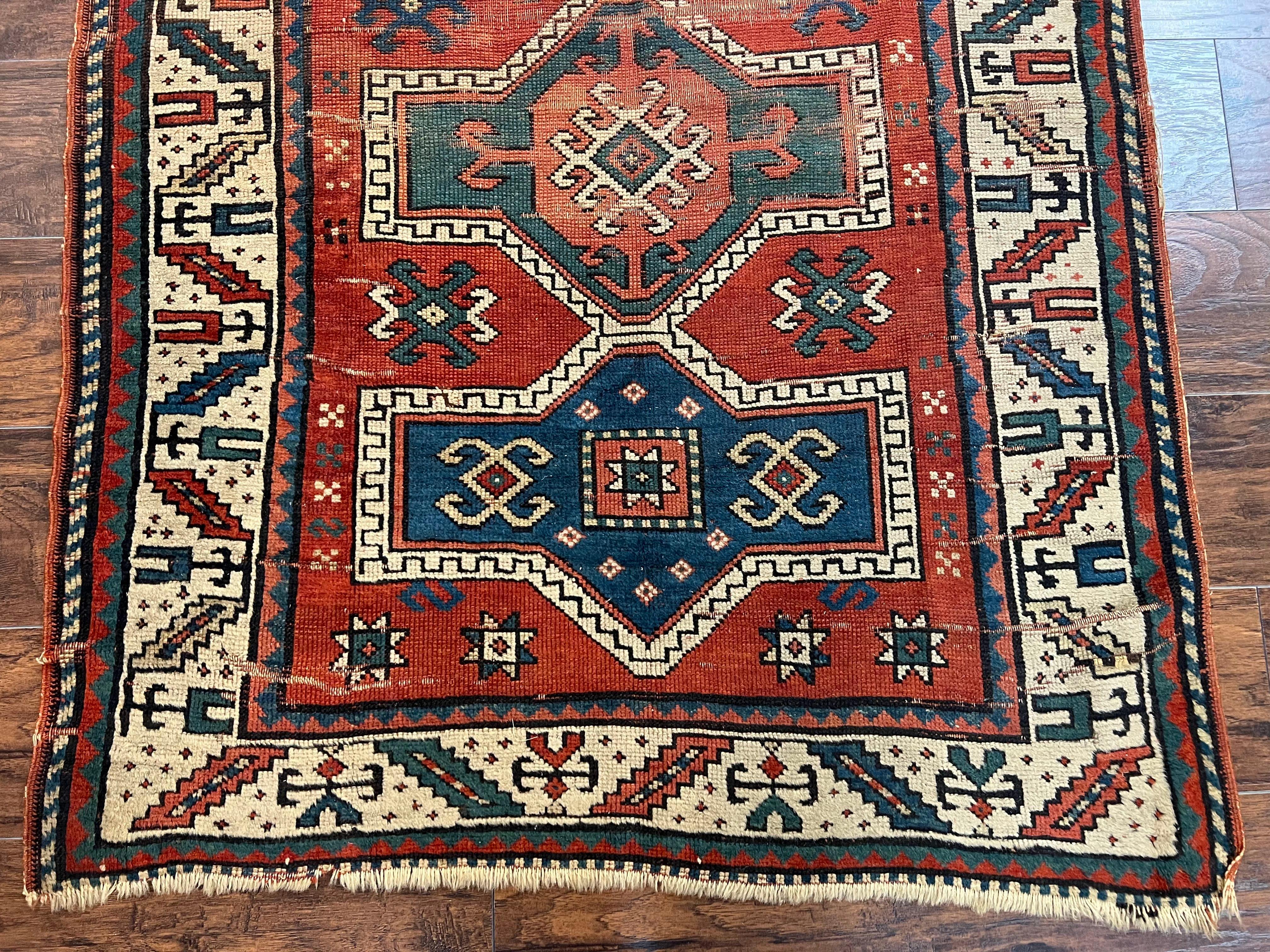 Antique Caucasian Rug 4x5, Geometric Kazak Rug circa 1920s, Hand Knotted Wool Oriental Carpet, Rust Red-Orange and Cream, Collectible Rug - Jewel Rugs