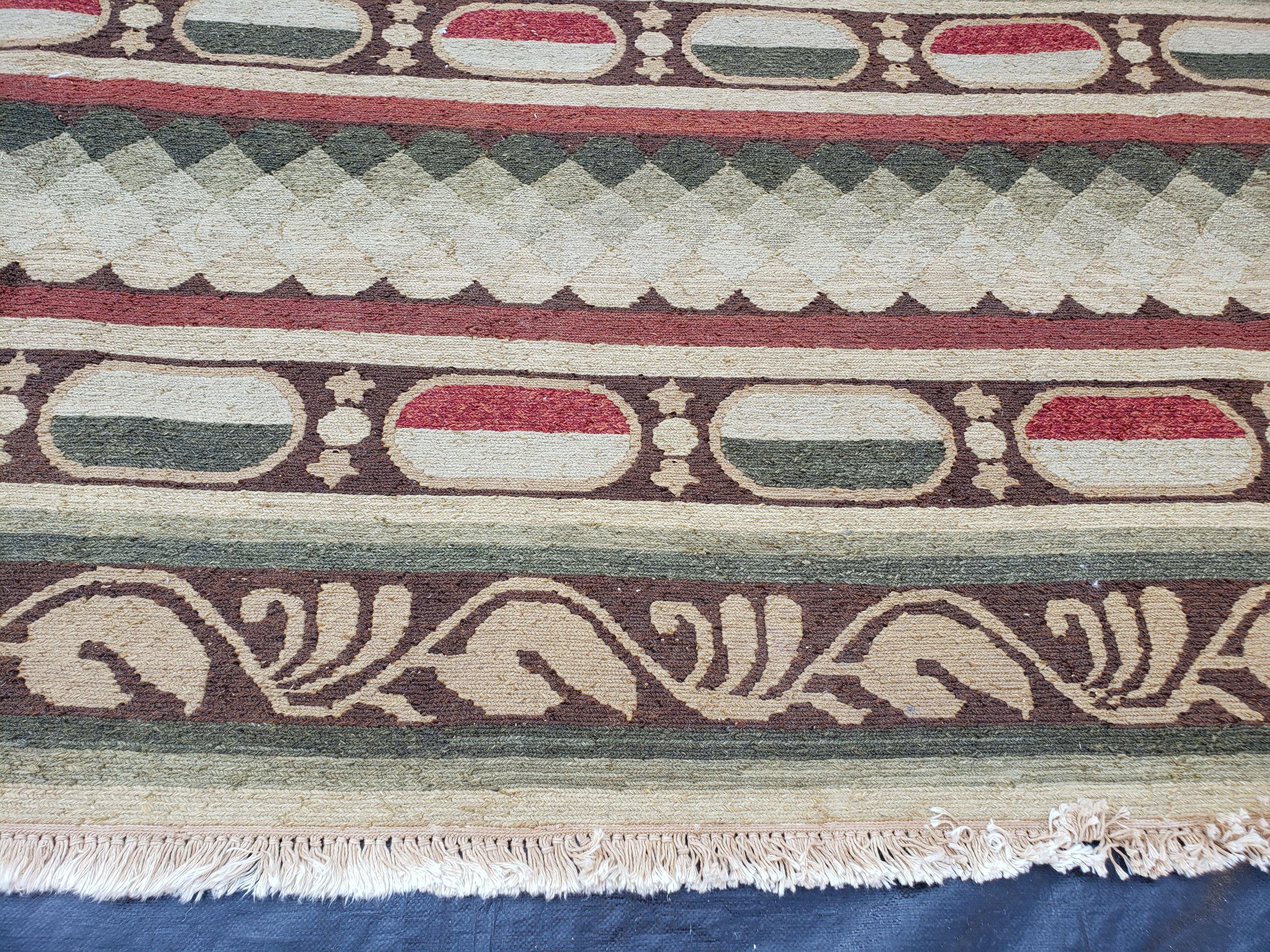 Large Vintage Striped Rug, Handmade, Earth Tone Decor, Beiges Slate Gray Dark Red, Flatweave Indian Striped Carpet, Indian Kilim 10x14, Wool - Jewel Rugs