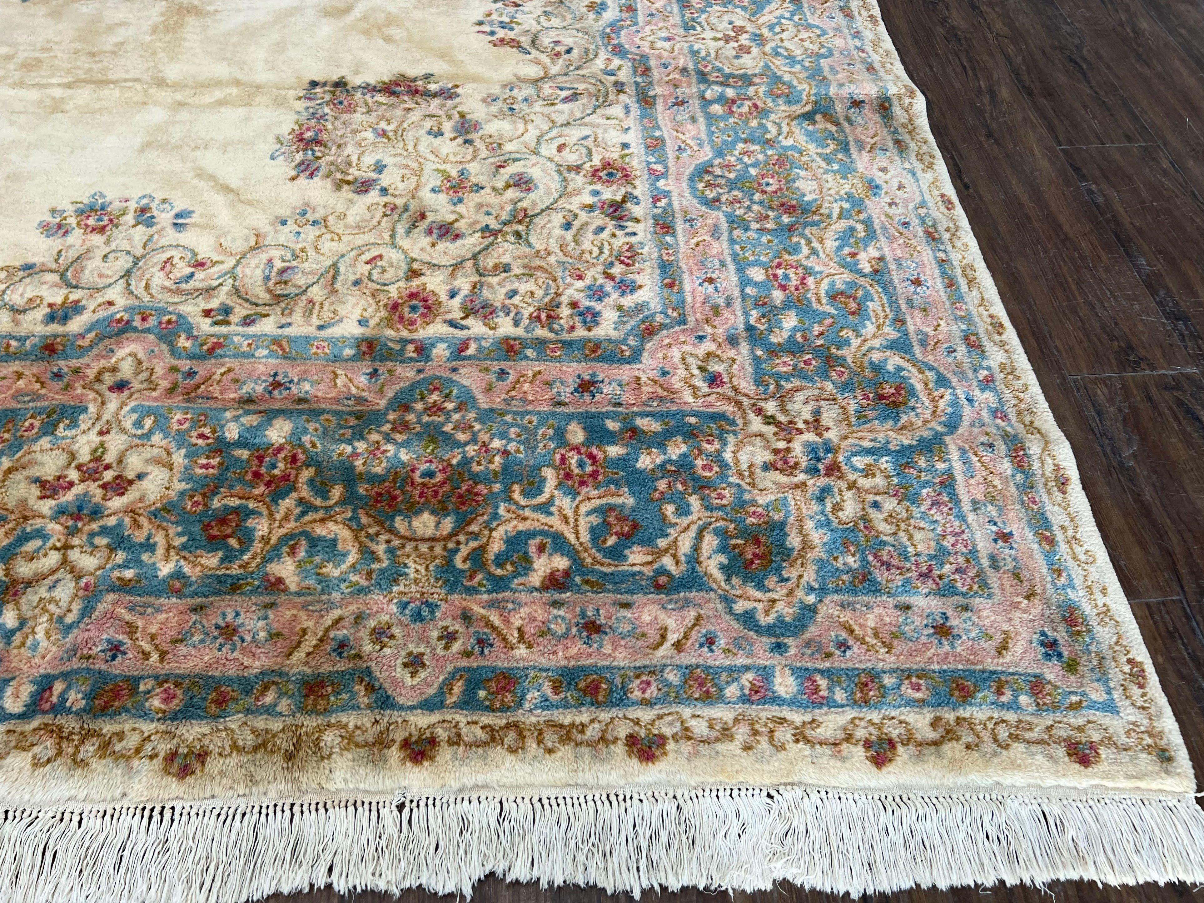 Oversized Persian Rug 11x18, Kirman Open Field Medallion 11 x 18, Palace Sized Hand Knotted Handmade Wool Oriental Carpet, Cream Light Blue - Jewel Rugs
