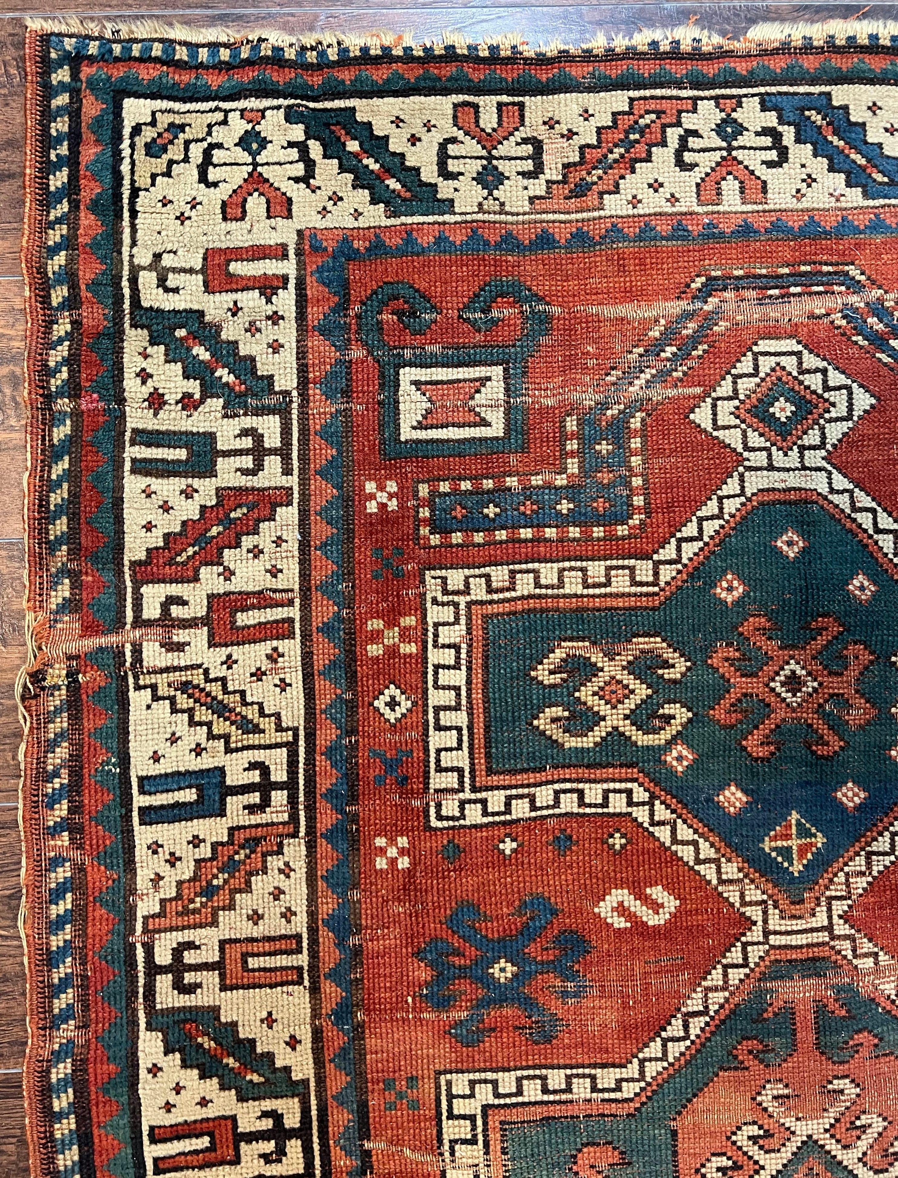 Antique Caucasian Rug 4x5, Geometric Kazak Rug circa 1920s, Hand Knotted Wool Oriental Carpet, Rust Red-Orange and Cream, Collectible Rug - Jewel Rugs