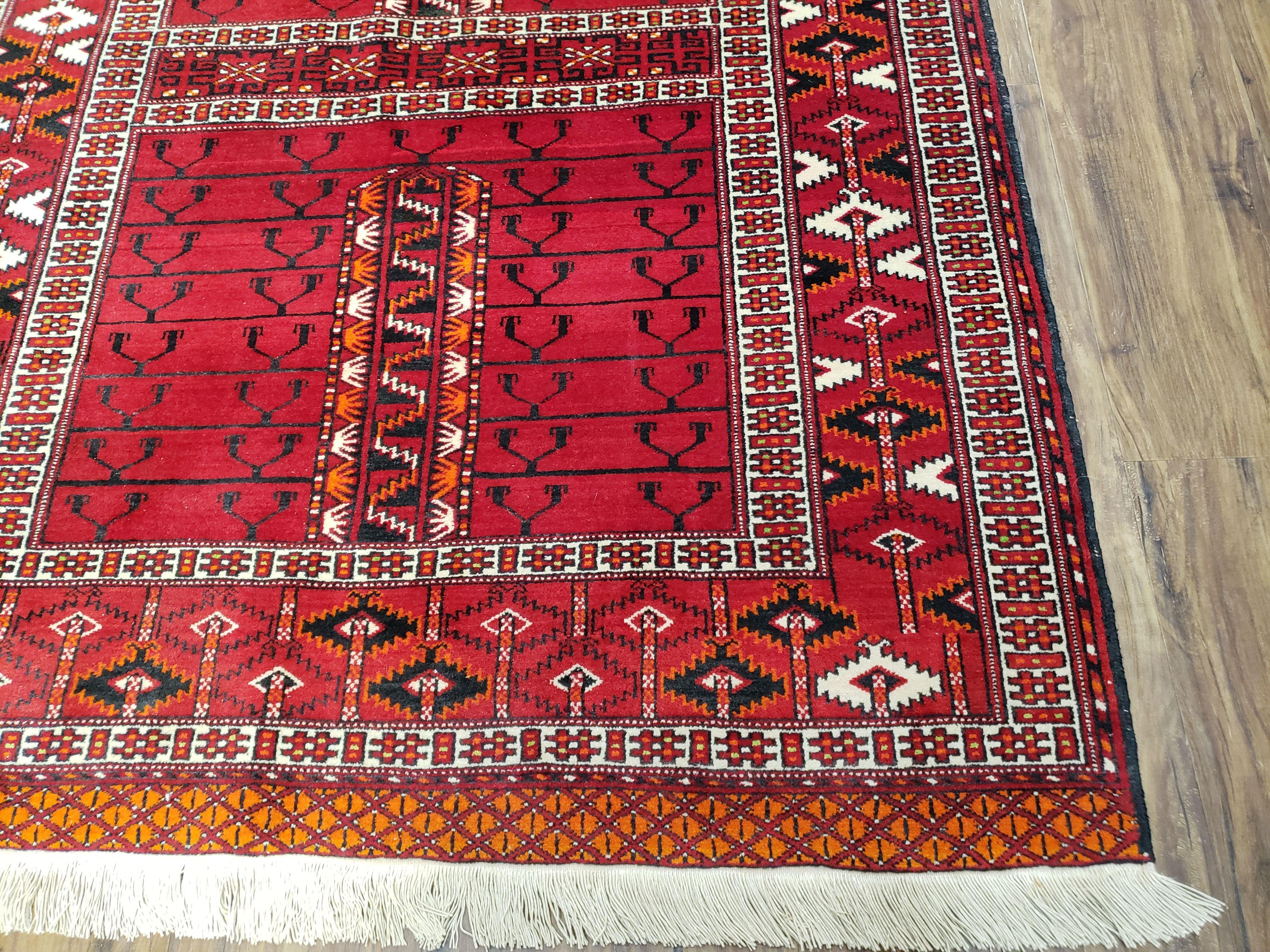 Antique Persian Turkoman Rug 4x5, Hatchli Tekkeh Ersari Red Tribal Rug, Handmade Wool Oriental Carpet, Four Seasons Rug - Jewel Rugs